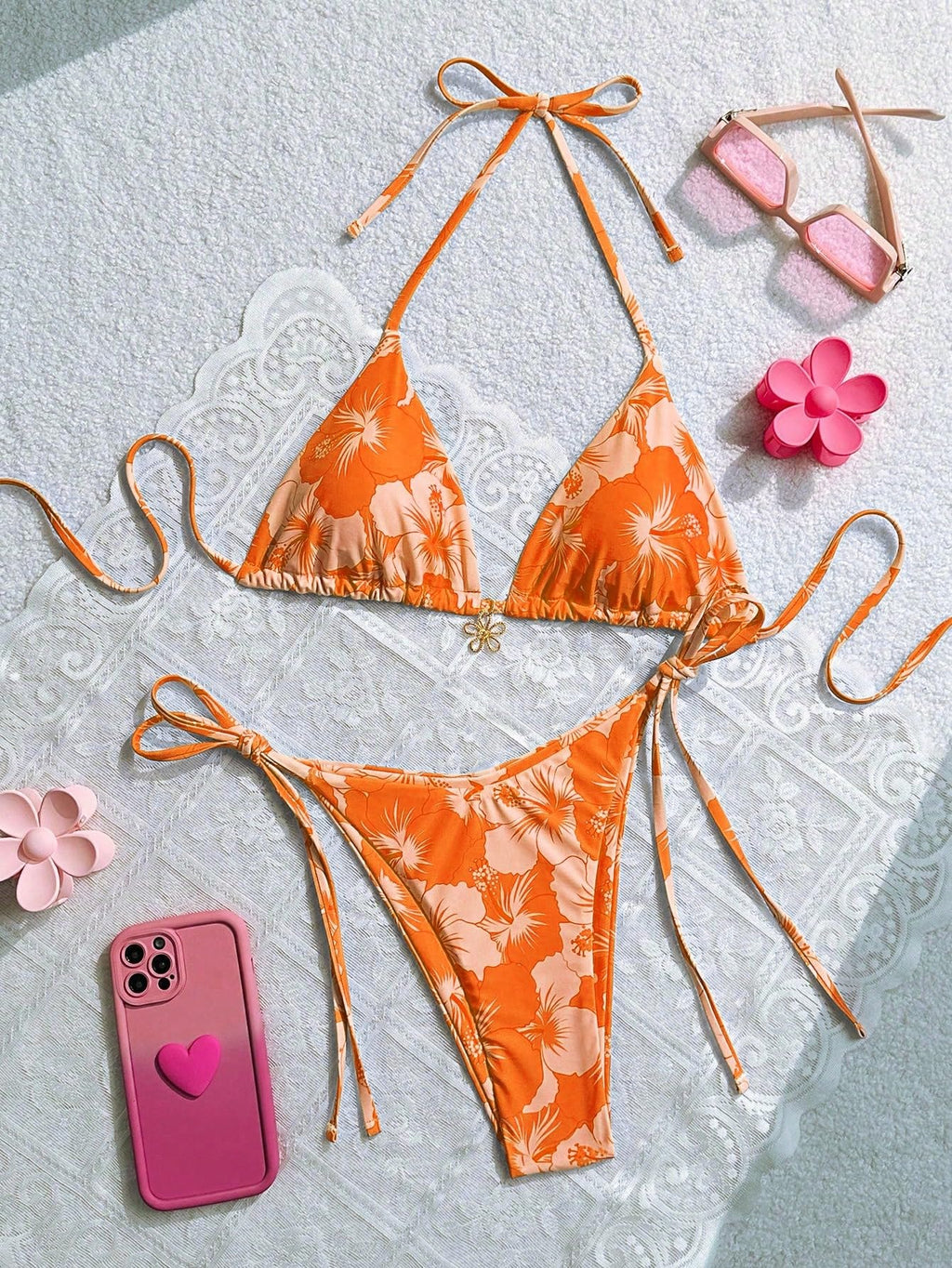 Women's Floral Print Knot Bathing Suit High Waist Summer Swimsuit Bikini Set