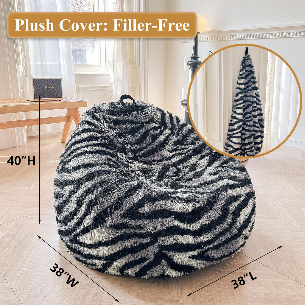 Faux Fur Leopard Print Bean Bag Chair Cover (No Filler), Fluffy Stuffed Animal Storage Cheetah Bean Bag Home Decor, Furry Fuzzy Big Beanbag Cover, Anti-Slip