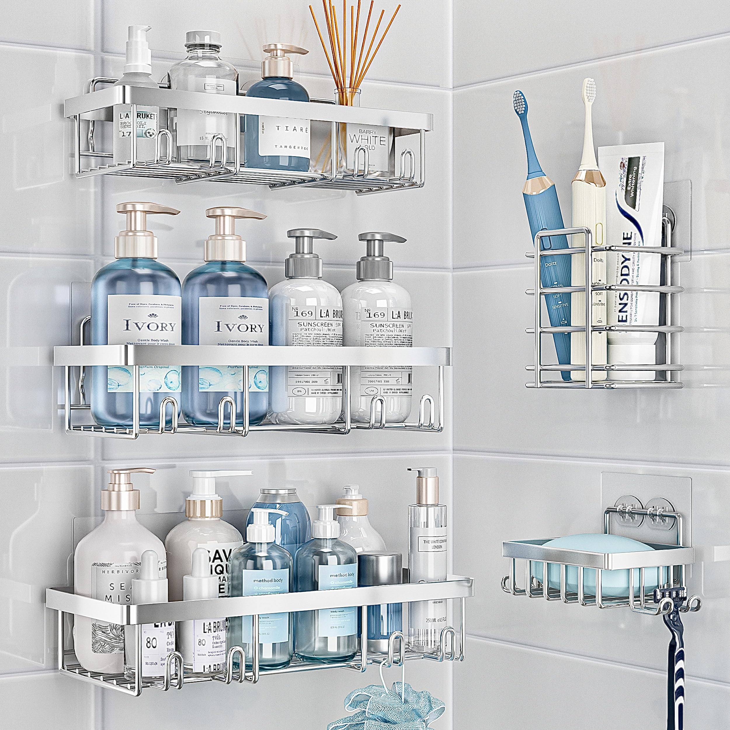 Shower Caddy Organizer Rack Shelf for Inside Shower, Adhesive Bathroom Wall Storage Basket Rustproof Stainless Steel