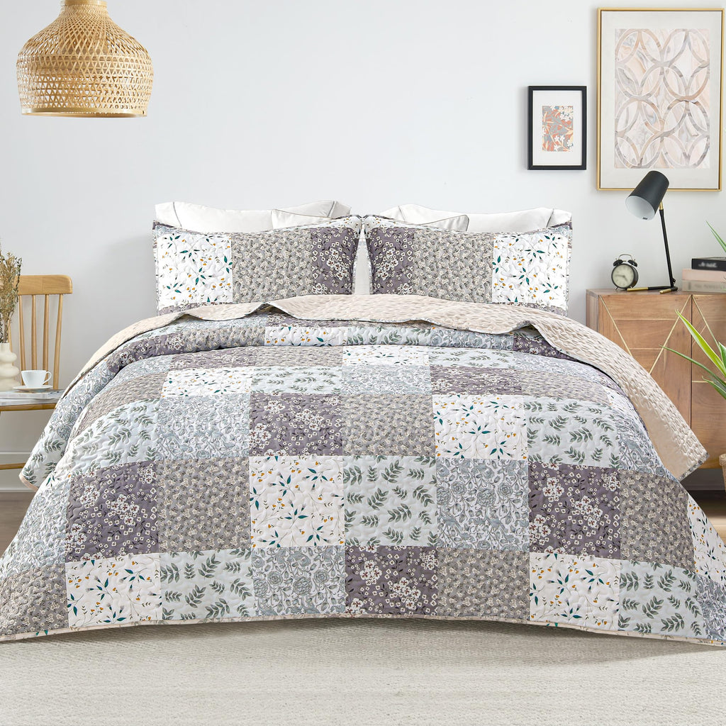 Reversible Patchwork Quilts Full Size, Lightweight Boho Printed Bedspreads Coverlets Quilt Bedding Set with 2 Pillow Shams