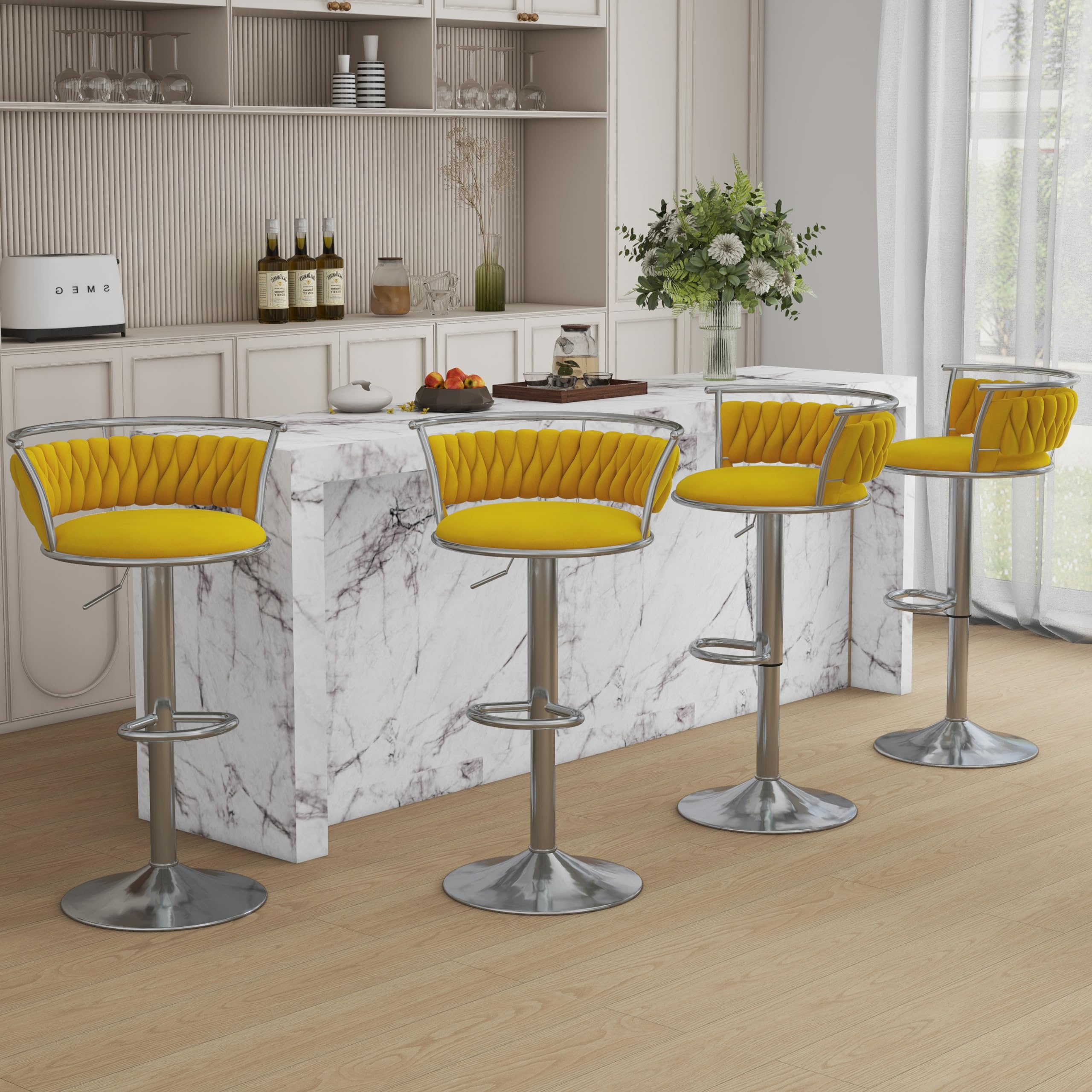 Velvet Swivel Bar Stools, Adjustable Counter Height Bar Chairs with Low Back & Footrest, Modern Gold Bar Stools for Kitchen Island, Bar Pub