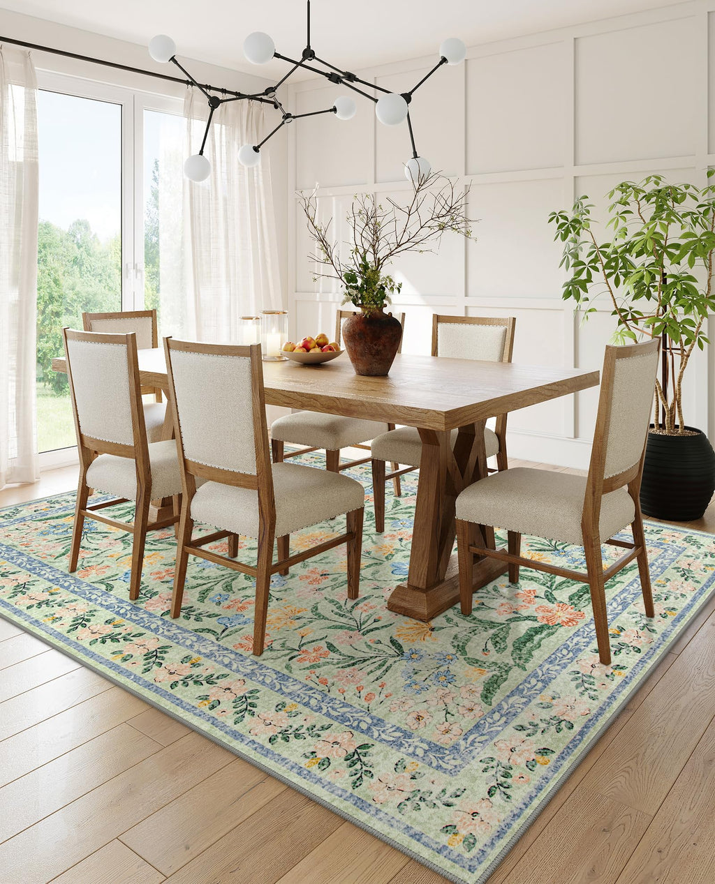 Machine Washable Boho Soft Floral Carpet Non Slip, Indoor Ultra-Thin Floor Carpet for Kid Room Living Room Dorm