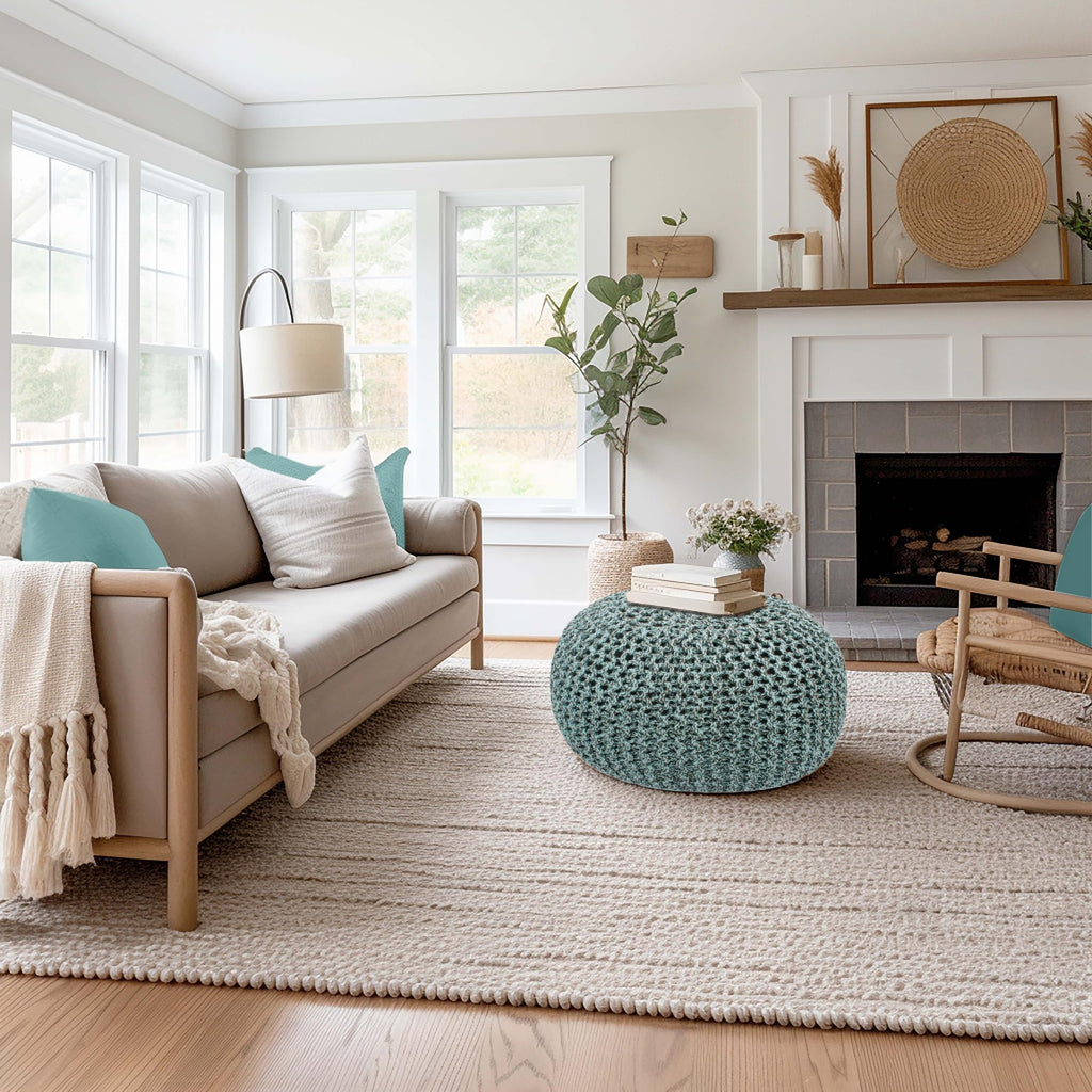 Hand-Knitted Cotton Round Pouf â€?Braid Cord Ottoman, Footrest, and Accent Seat for Living Room, Nursery, Kids Room, or Dorm Décor â€?20x14