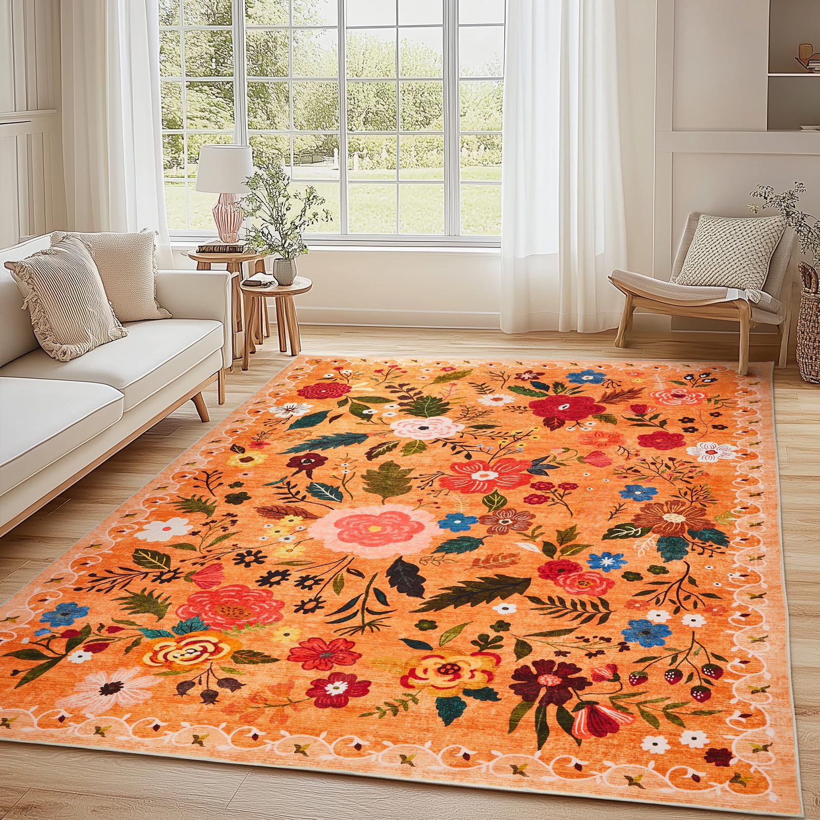 Boho Floral Vintage Rug for Home Washable Rugs Soft Low Pile, Non Slip Non-Shedding