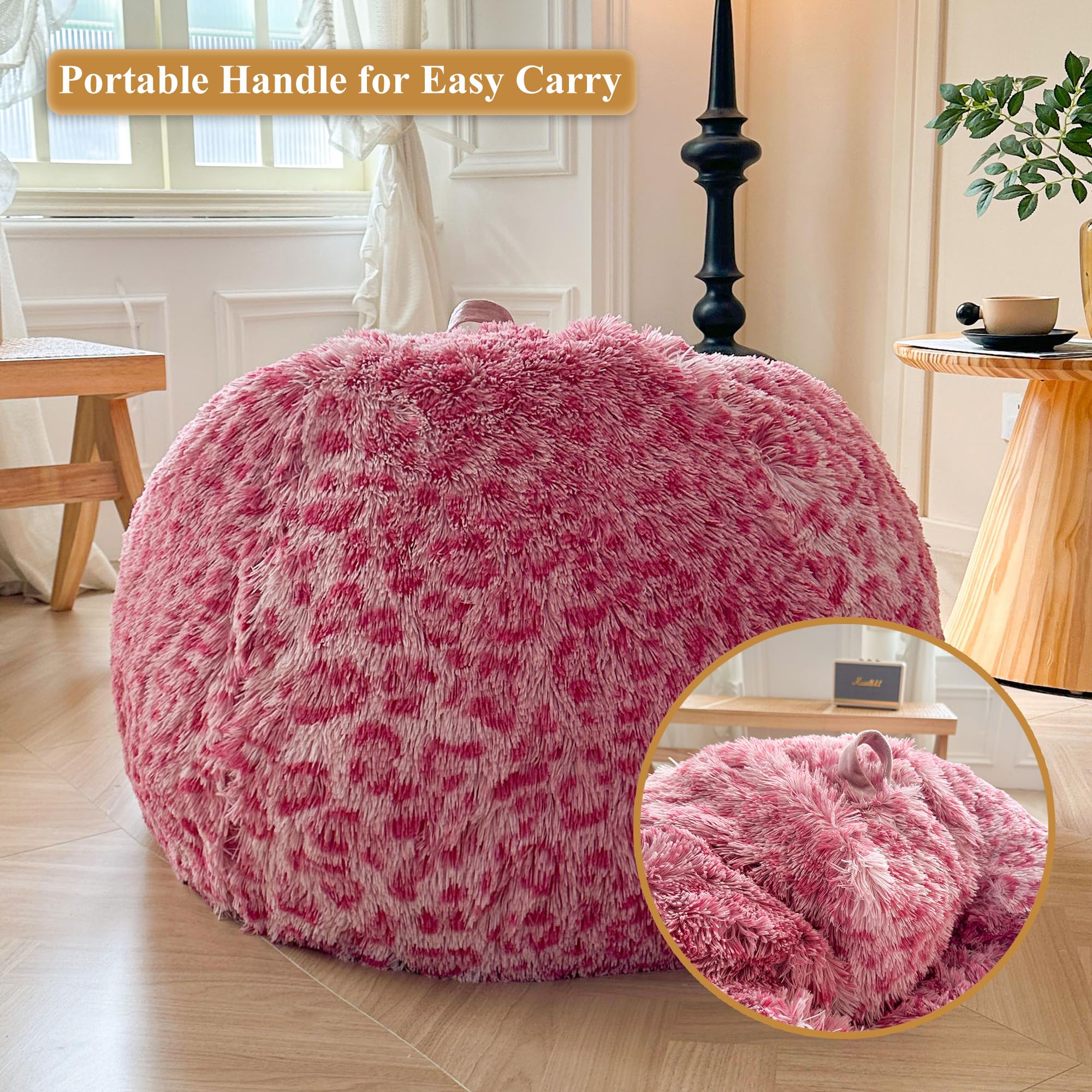 Faux Fur Leopard Print Bean Bag Chair Cover (No Filler), Fluffy Stuffed Animal Storage Cheetah Bean Bag Home Decor, Furry Fuzzy Big Beanbag Cover, Anti-Slip