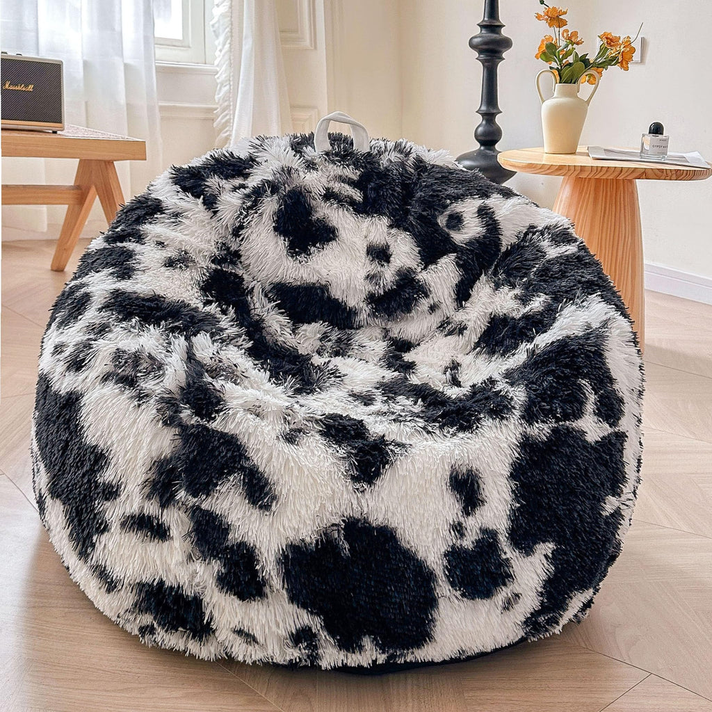 Faux Fur Leopard Print Bean Bag Chair Cover (No Filler), Fluffy Stuffed Animal Storage Cheetah Bean Bag Home Decor, Furry Fuzzy Big Beanbag Cover, Anti-Slip