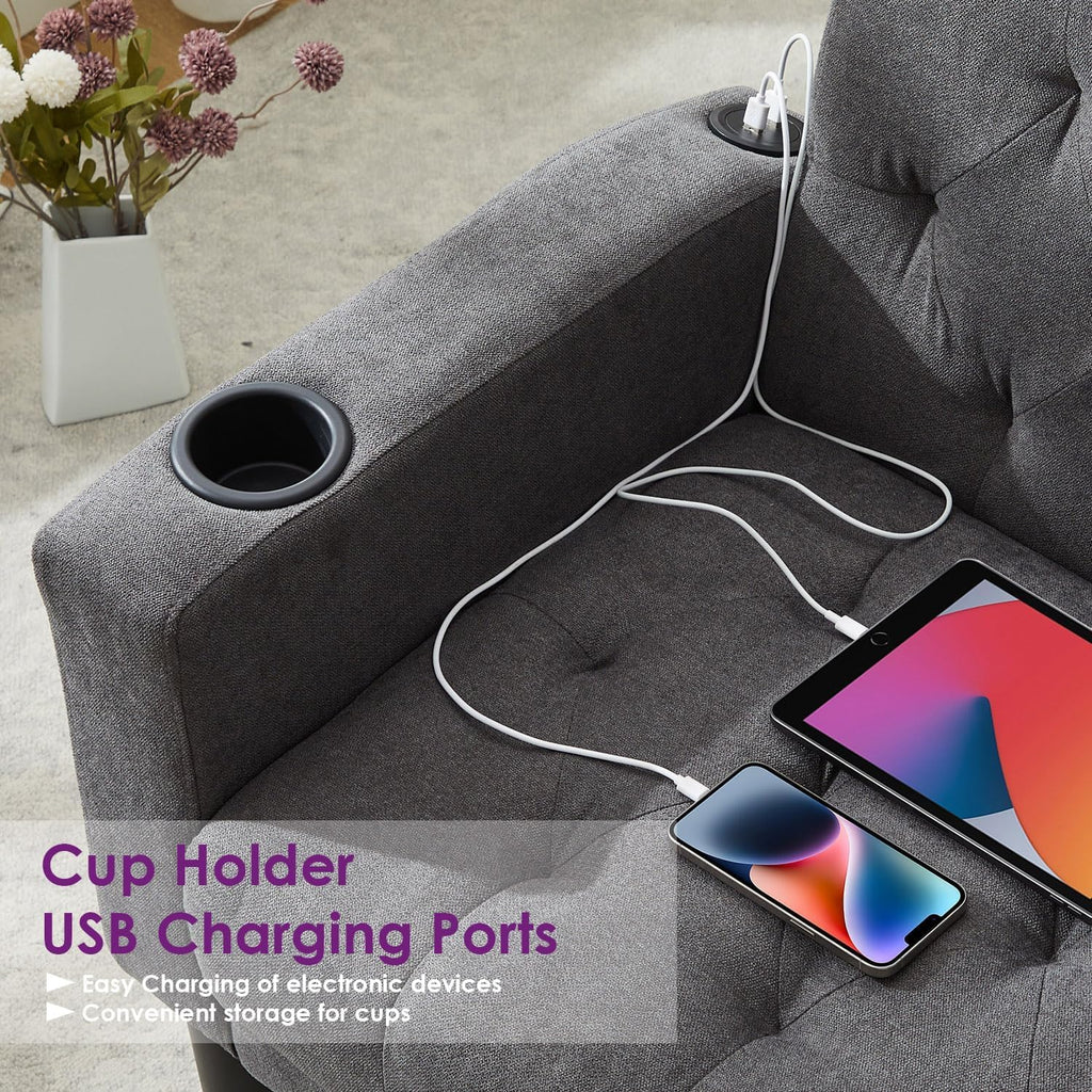 Velvet Loveseat Sofa w/ 2 USB Charger Ports and 2 Cupholders, Mid-Century Modern Tufted