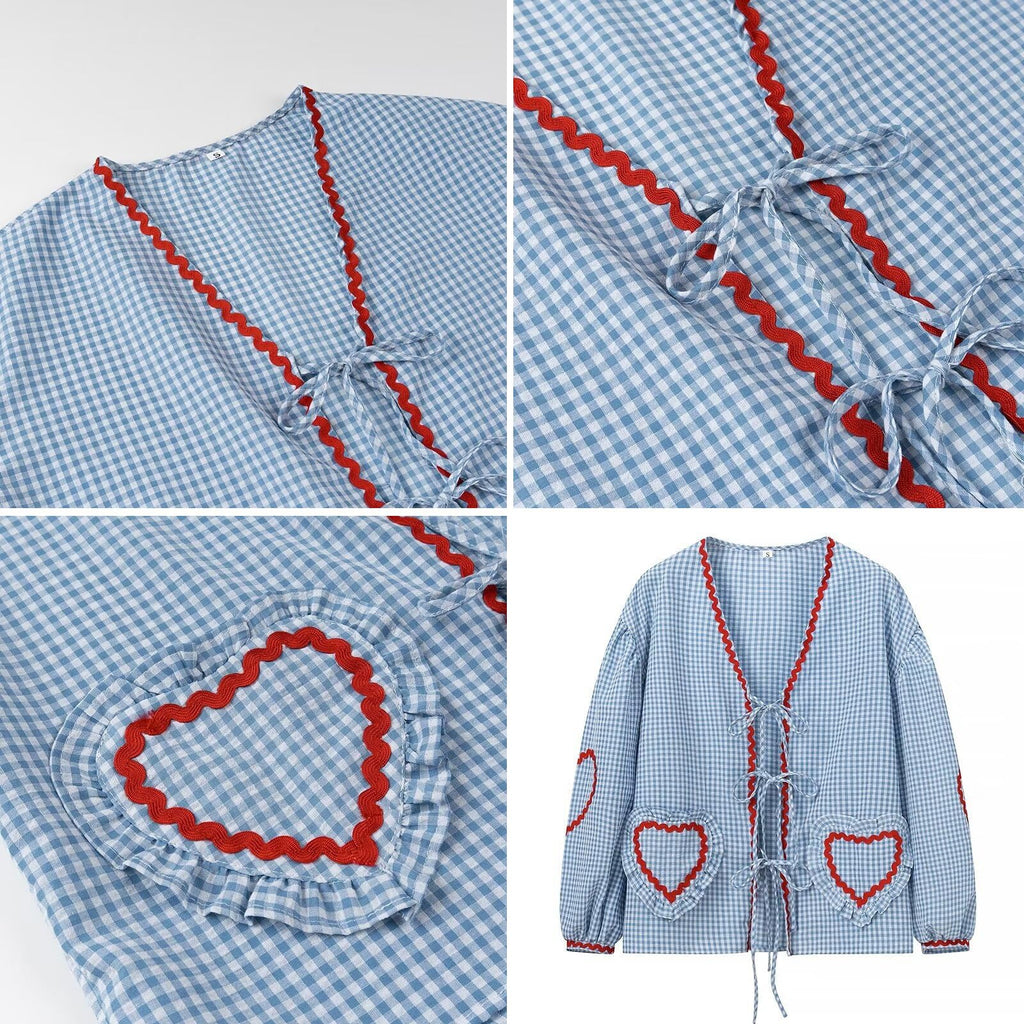 Tie Front Tops for Women Gingham Babydoll Bow Top Puff Sleeve Coquette Tops Heart Long Sleeve Cute Spring Tops
