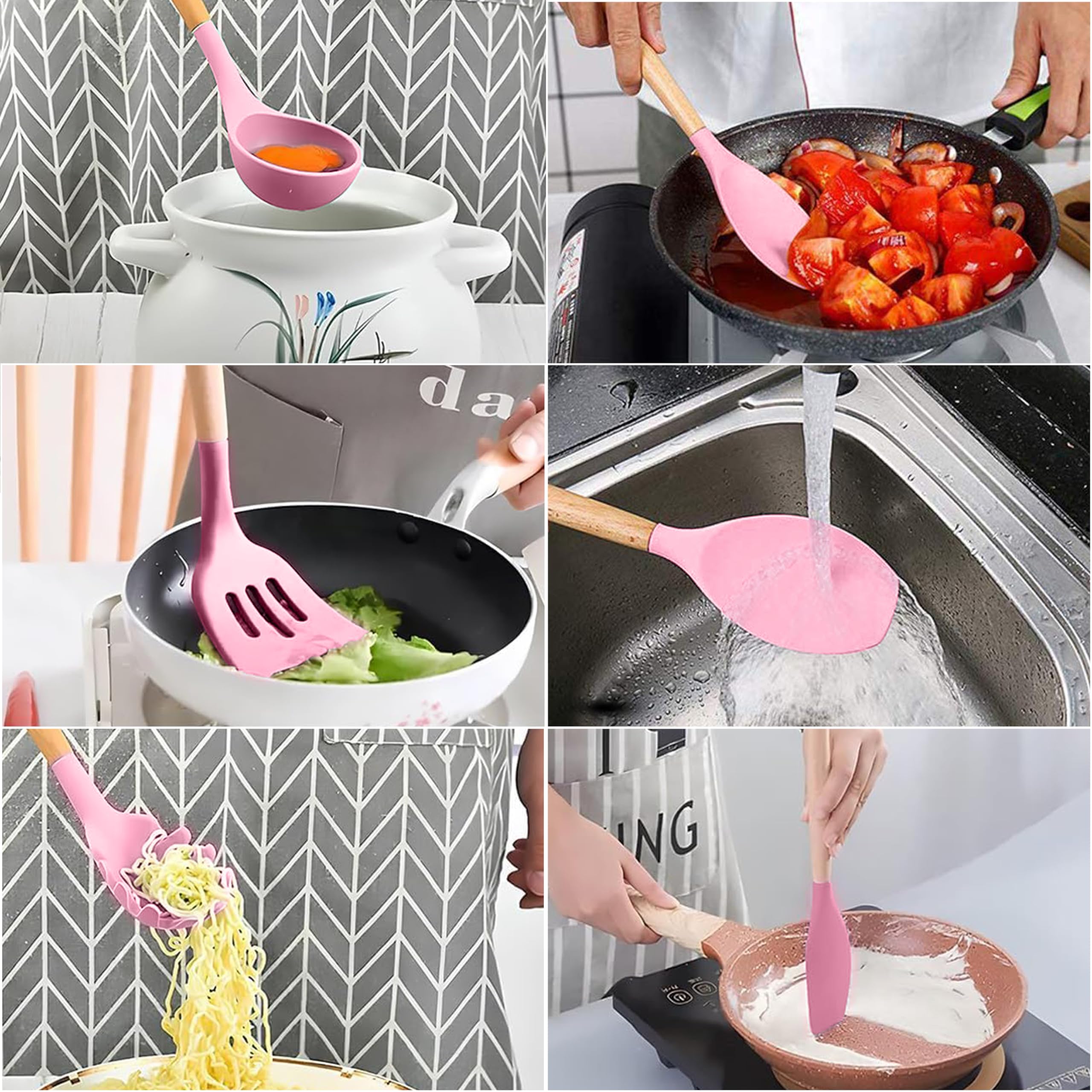 Silicone Cooking Utensils Set with Wooden Handles â€?Food-Grade, BPA-Free & Heat Resistant Kitchen Tools for Nonstick Cookware, Includes Holder & Hooks 33-Piece