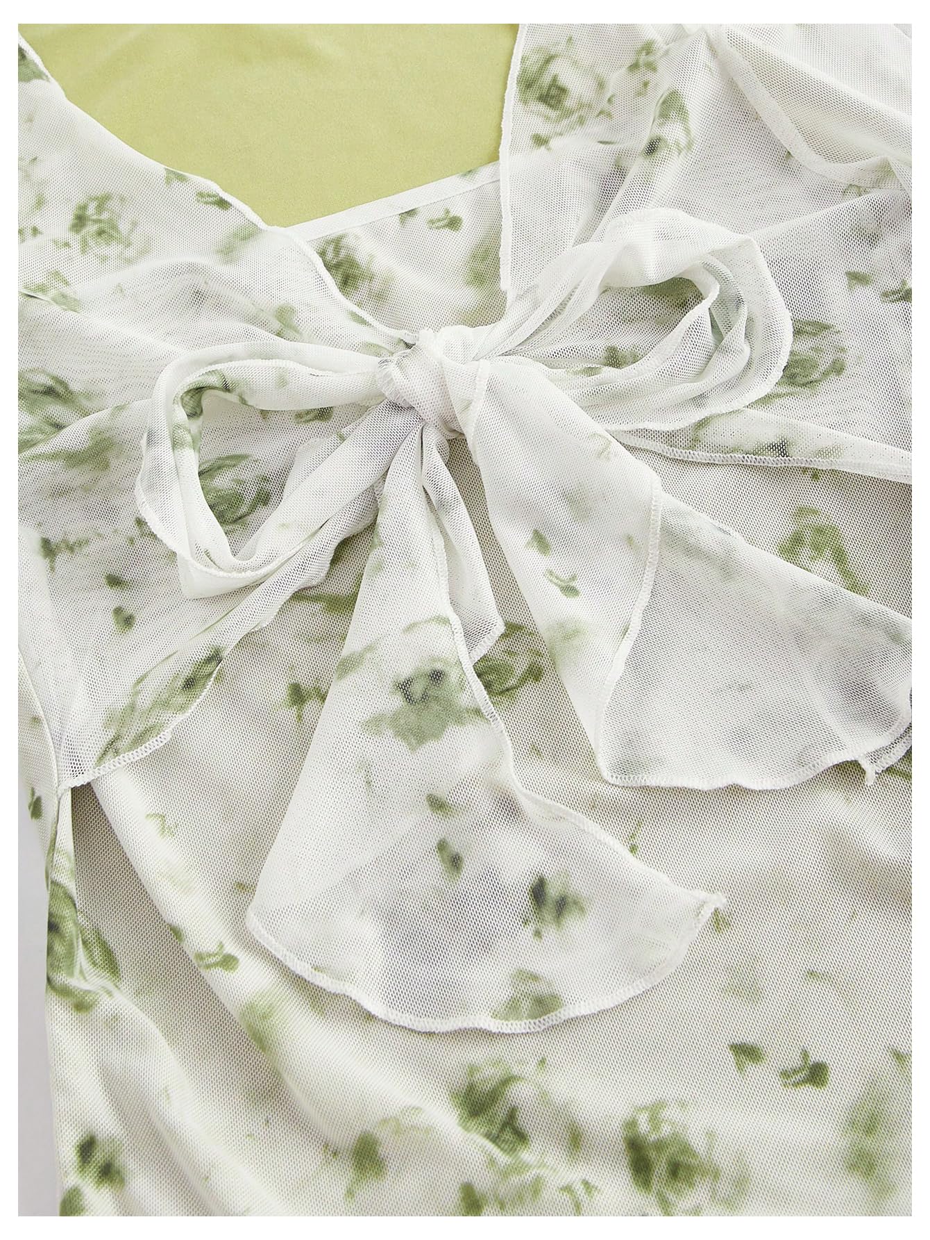 Verdusa Women's Floral Print Mesh Bell Sleeve Tie-Front Top with Lettuce Trim