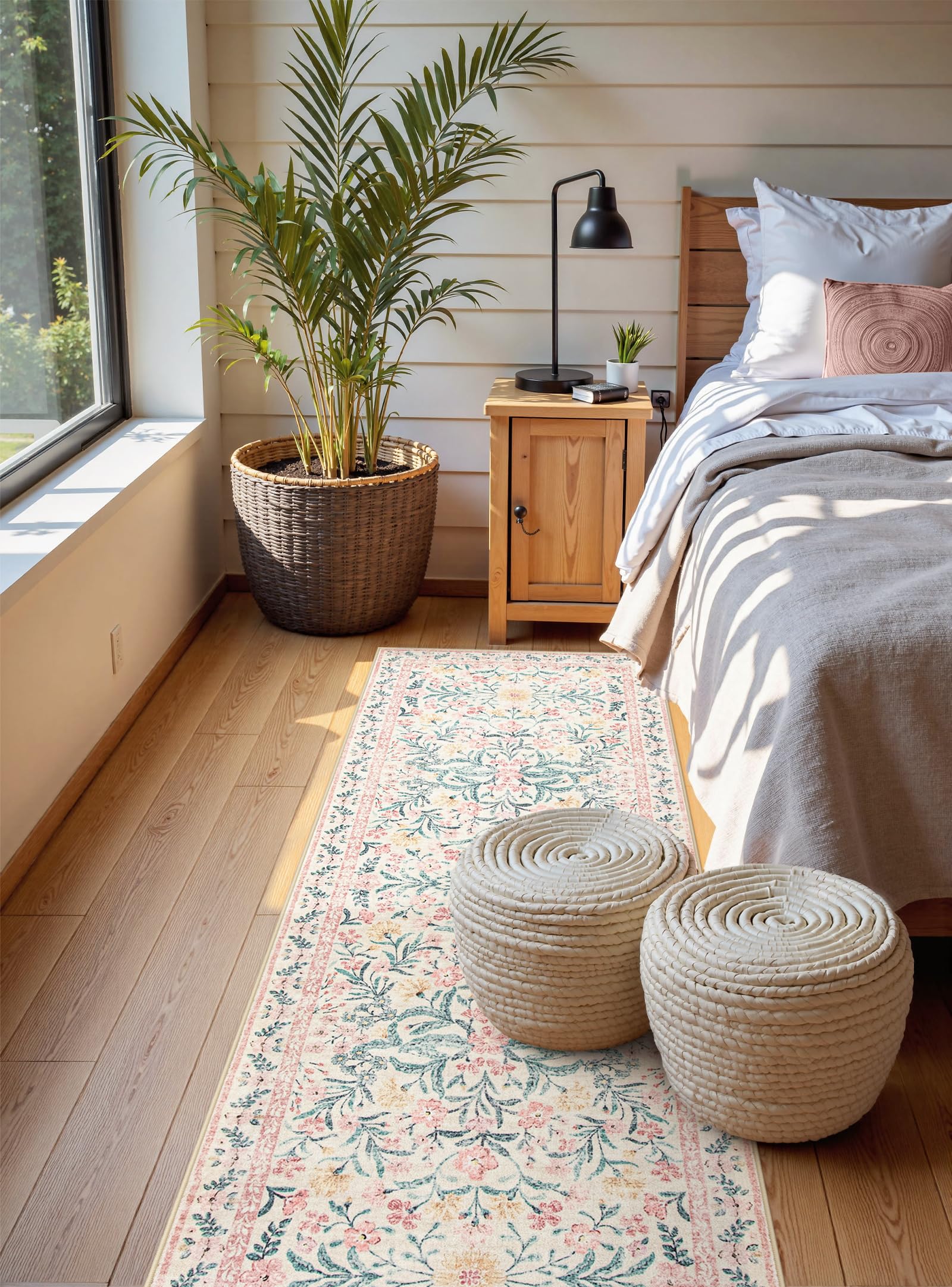 Machine Washable Boho Soft Floral Carpet Non Slip, Indoor Ultra-Thin Floor Carpet for Kid Room Living Room Dorm