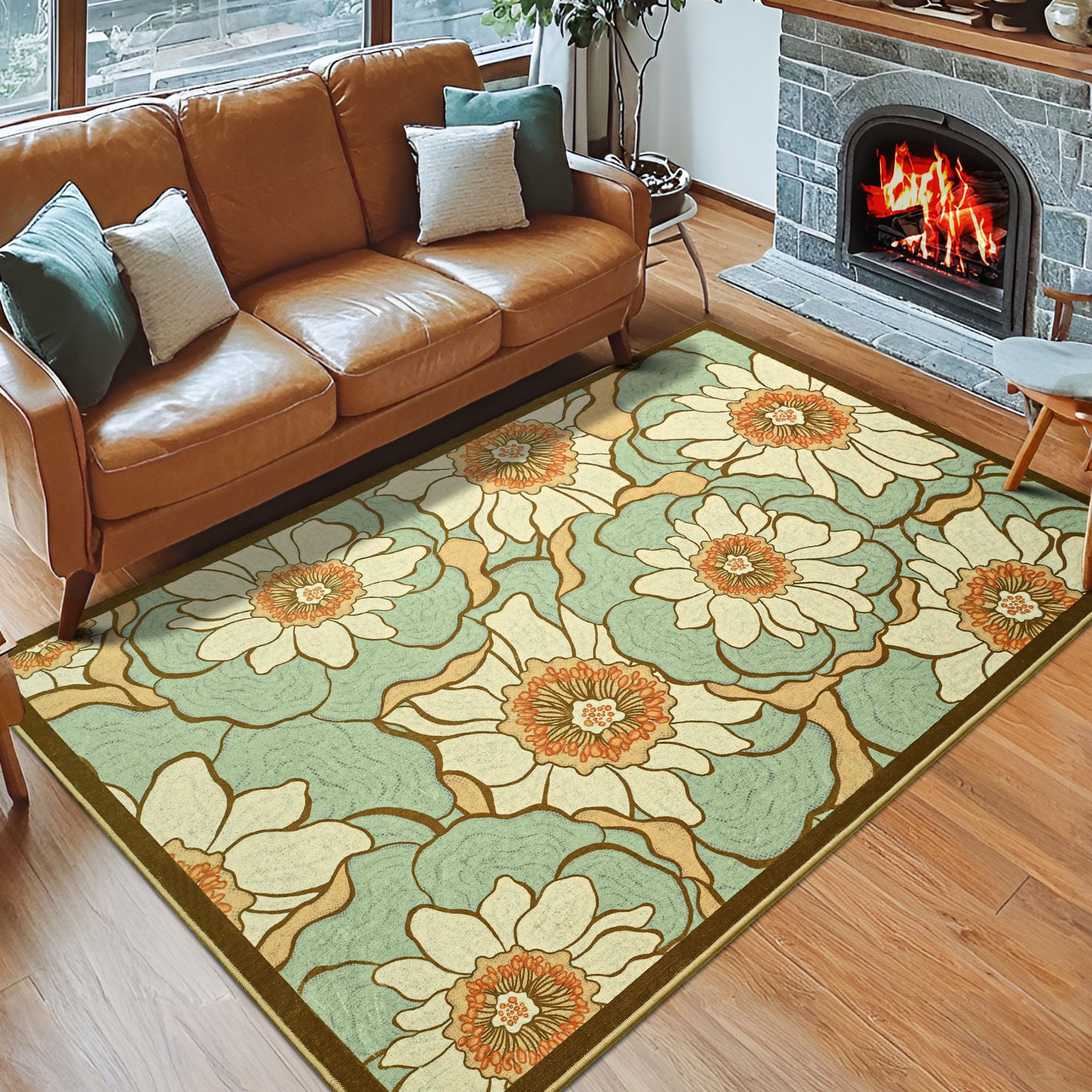 Faux Wool Boho Floral Area Rug Abstract Print Soft Carpet, TPR Non-Slip Backing, Machine Washable Low Pile Rug