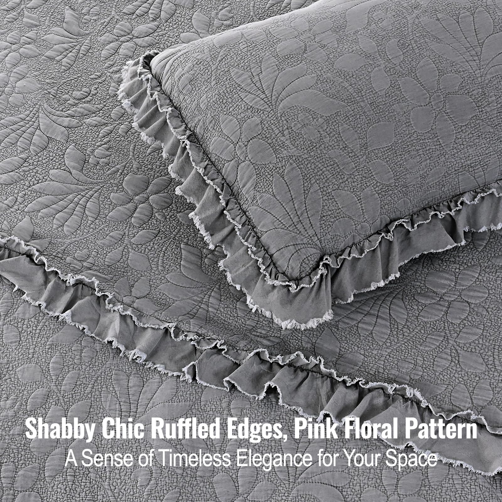 Ruffled Floral Quilts Soybean Fiber Filling Bedding Set 3 Piece, Stone-Washed Microfiber Shabby Chic Lightweight Soft Bedspread