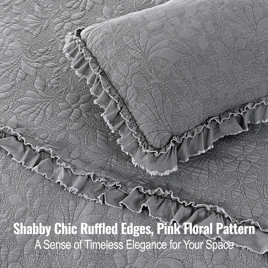 Ruffled Floral Quilts Soybean Fiber Filling Bedding Set 3 Piece, Stone-Washed Microfiber Shabby Chic Lightweight Soft Bedspread