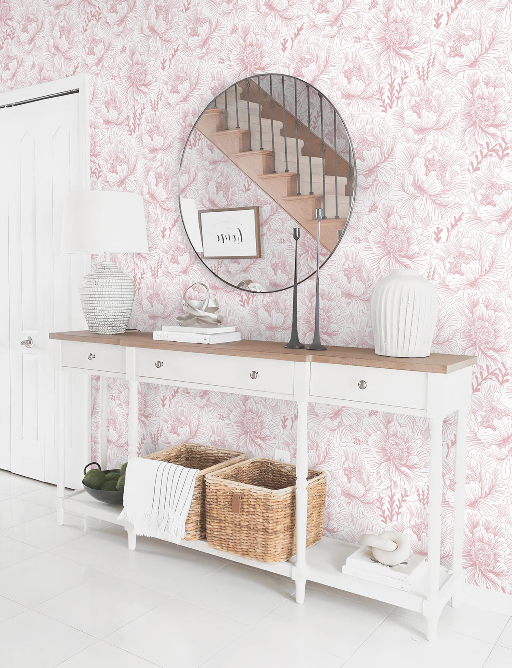 Floral Peel and Stick Wallpaper Boho Contact Paper Pink and White Self Adhesive Removable Wallpaper