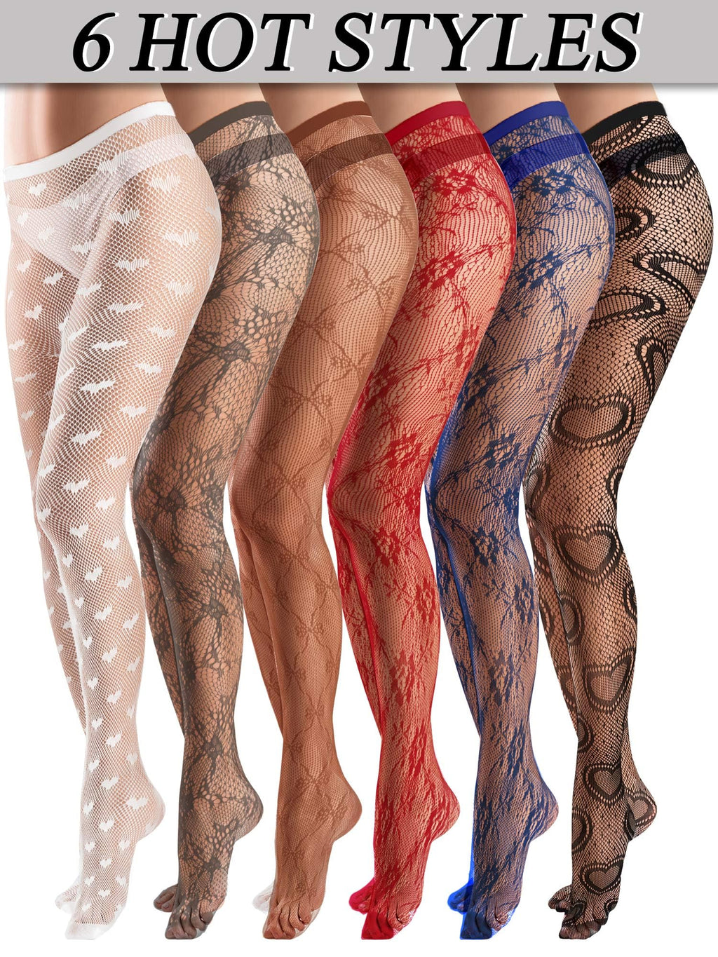 Coquettish 6 Pairs Women Fishnet Thigh High Stockings Waist Tights Bow Patterned lace Fishnet Leggings Pantyhose