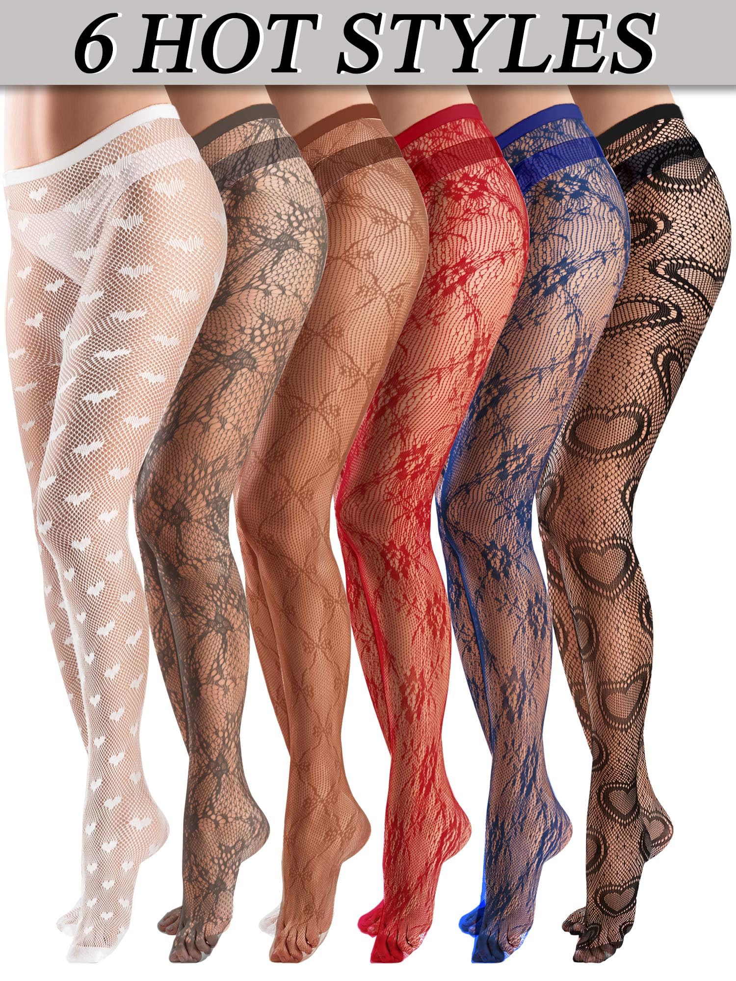 Coquettish 6 Pairs Women Fishnet Thigh High Stockings Waist Tights Bow Patterned lace Fishnet Leggings Pantyhose