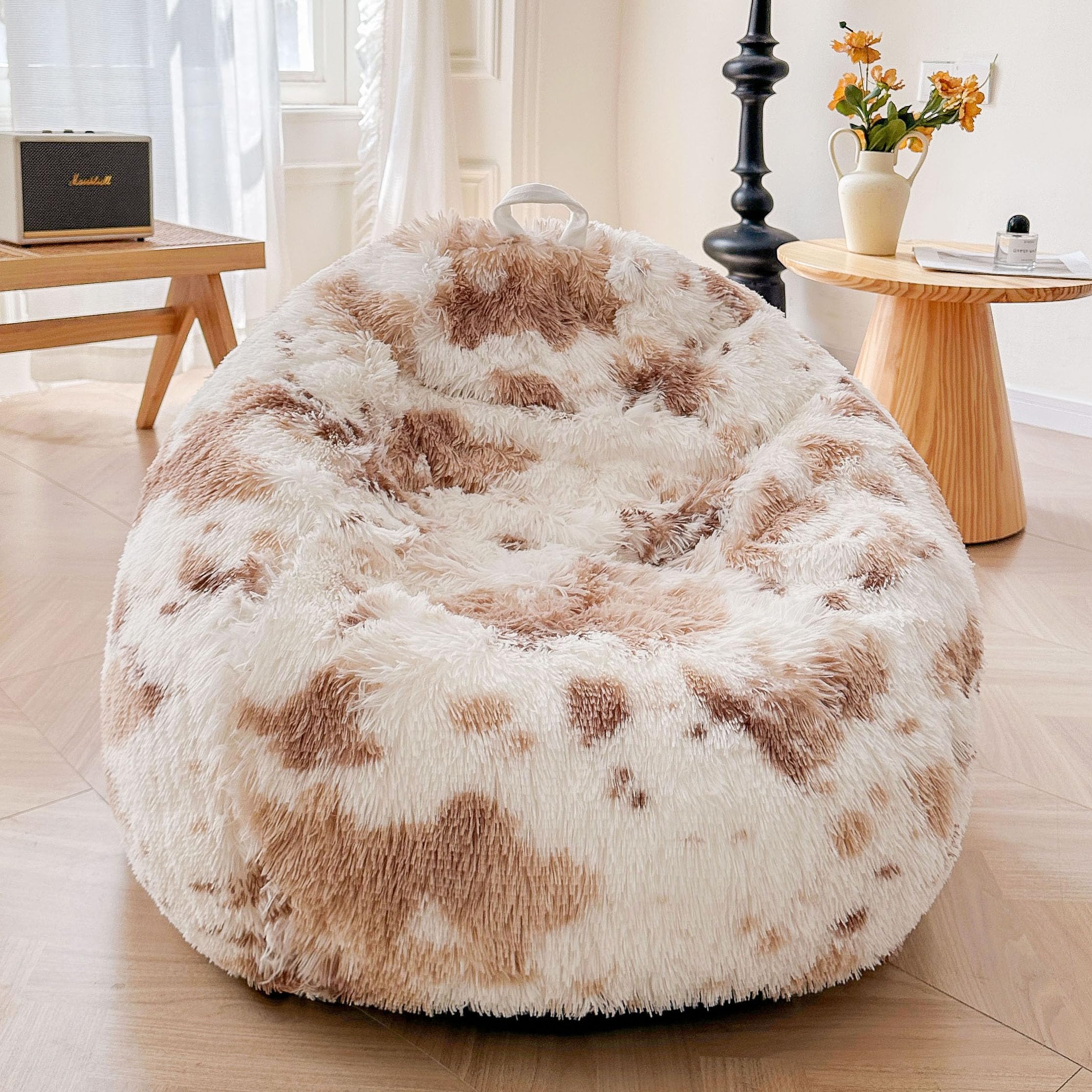 Faux Fur Leopard Print Bean Bag Chair Cover (No Filler), Fluffy Stuffed Animal Storage Cheetah Bean Bag Home Decor, Furry Fuzzy Big Beanbag Cover, Anti-Slip