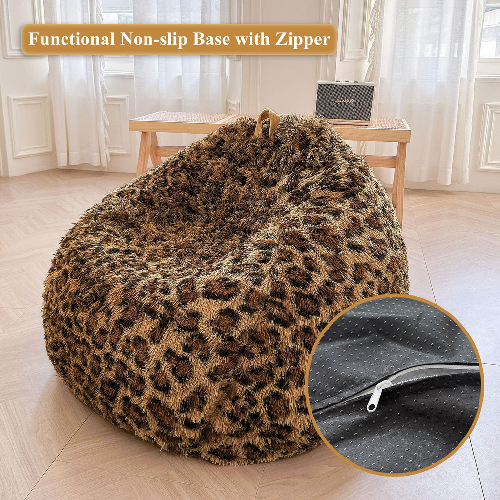 Faux Fur Leopard Print Bean Bag Chair Cover (No Filler), Fluffy Stuffed Animal Storage Cheetah Bean Bag Home Decor, Furry Fuzzy Big Beanbag Cover, Anti-Slip