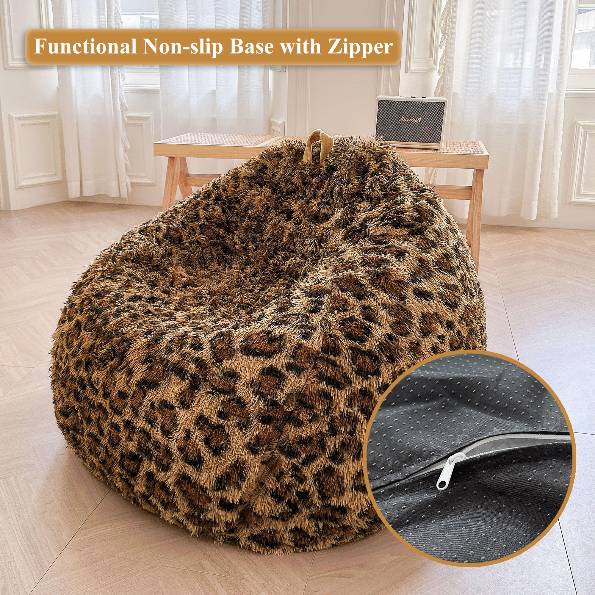 Faux Fur Leopard Print Bean Bag Chair Cover (No Filler), Fluffy Stuffed Animal Storage Cheetah Bean Bag Home Decor, Furry Fuzzy Big Beanbag Cover, Anti-Slip