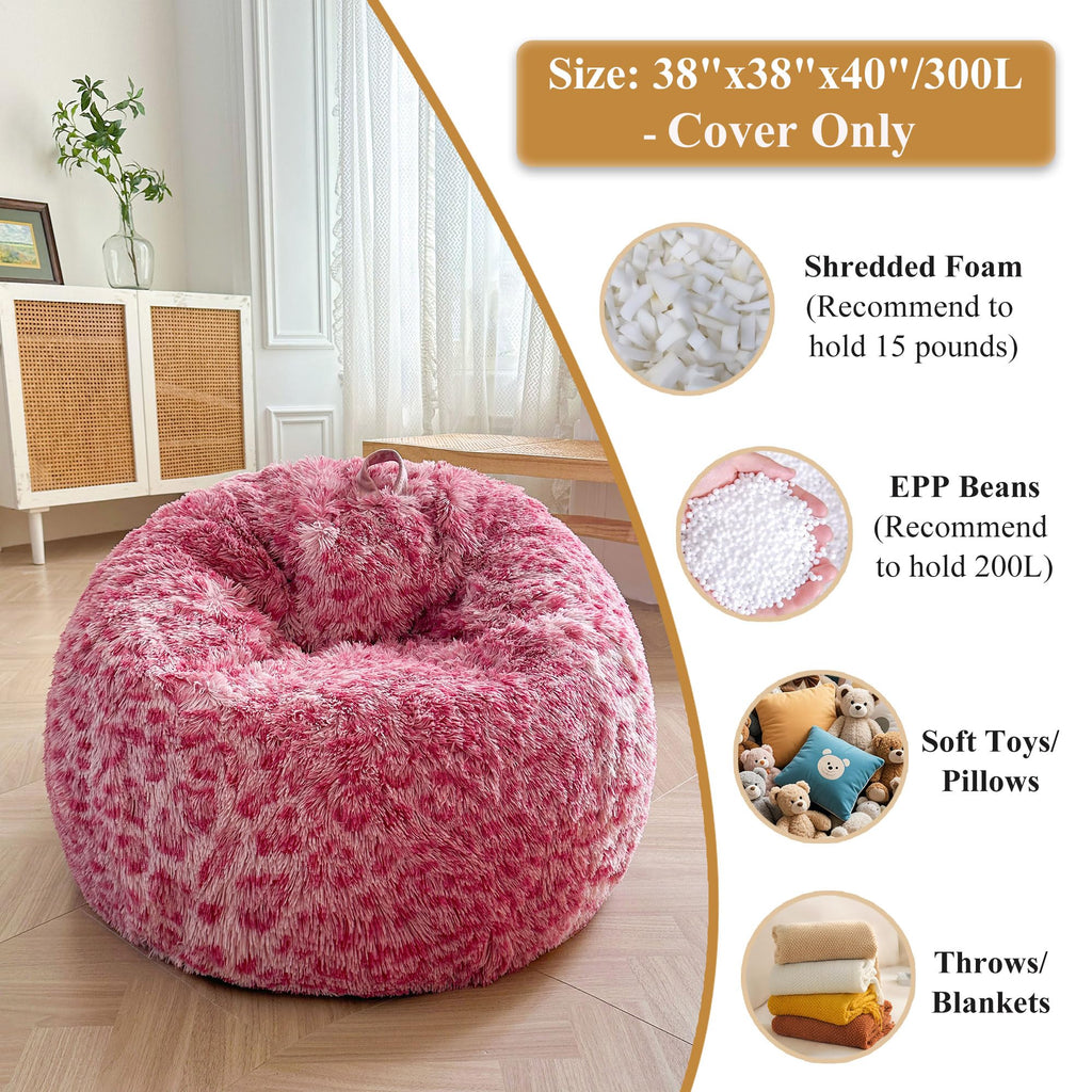 Faux Fur Leopard Print Bean Bag Chair Cover (No Filler), Fluffy Stuffed Animal Storage Cheetah Bean Bag Home Decor, Furry Fuzzy Big Beanbag Cover, Anti-Slip