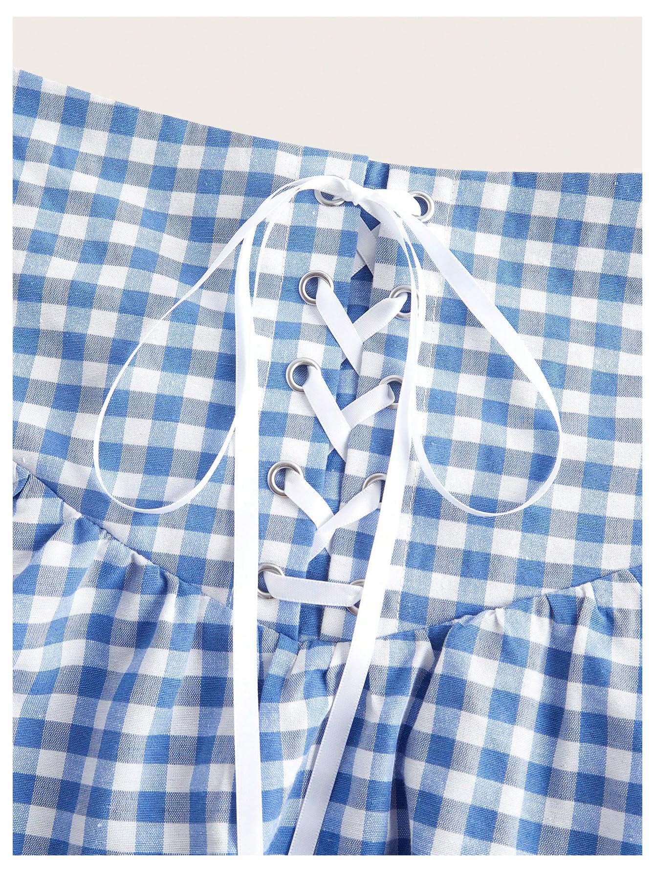 Women's Plaid Gingham Mini Skirt Lace Up Shirred Flowy Cute Mini Skirts