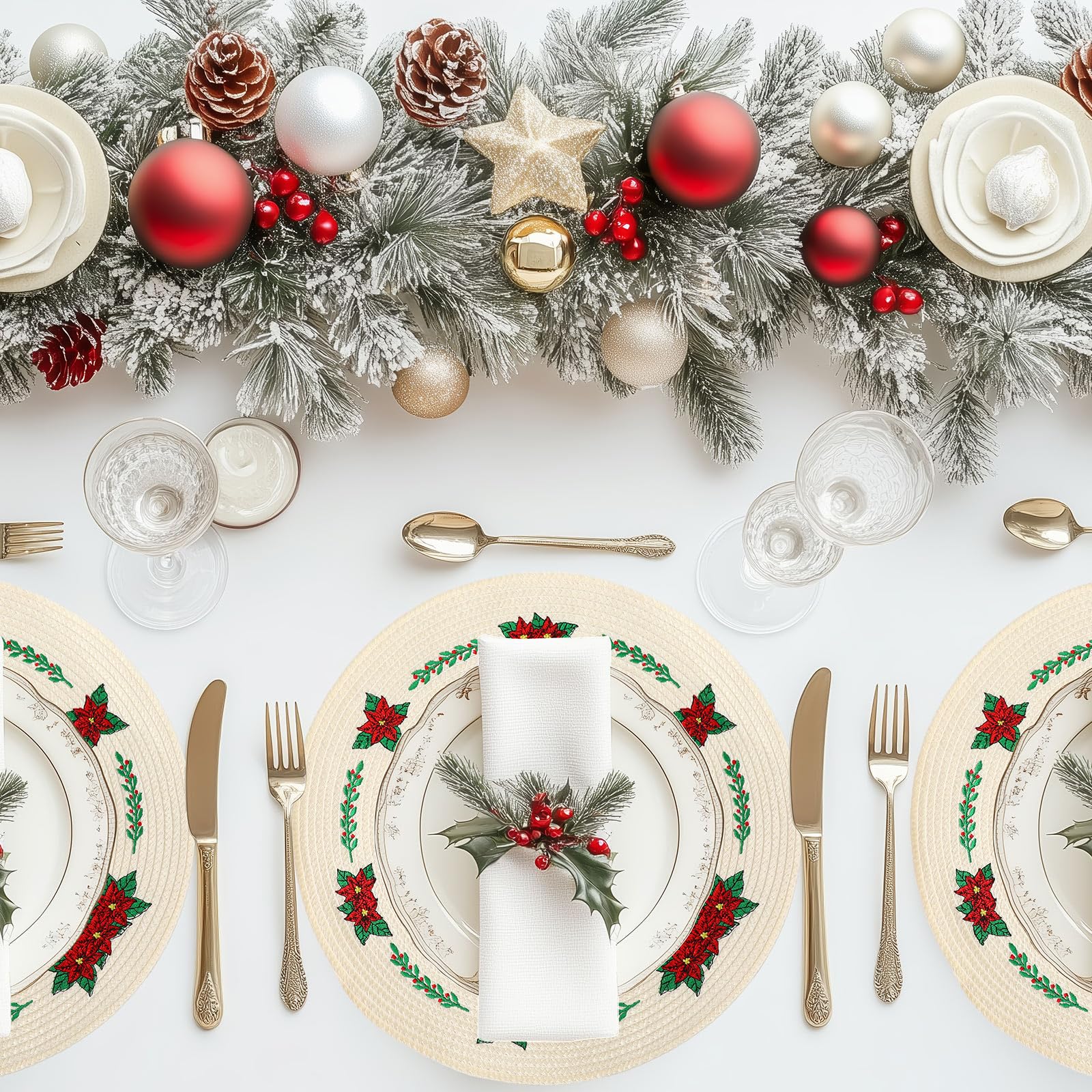 Whaline 4Pcs Round Placemats Pink Bow Embroidered Place Mats Coquette Bow Dinner Table Mats for Home Wedding Baby Shower Birthday Party Decor