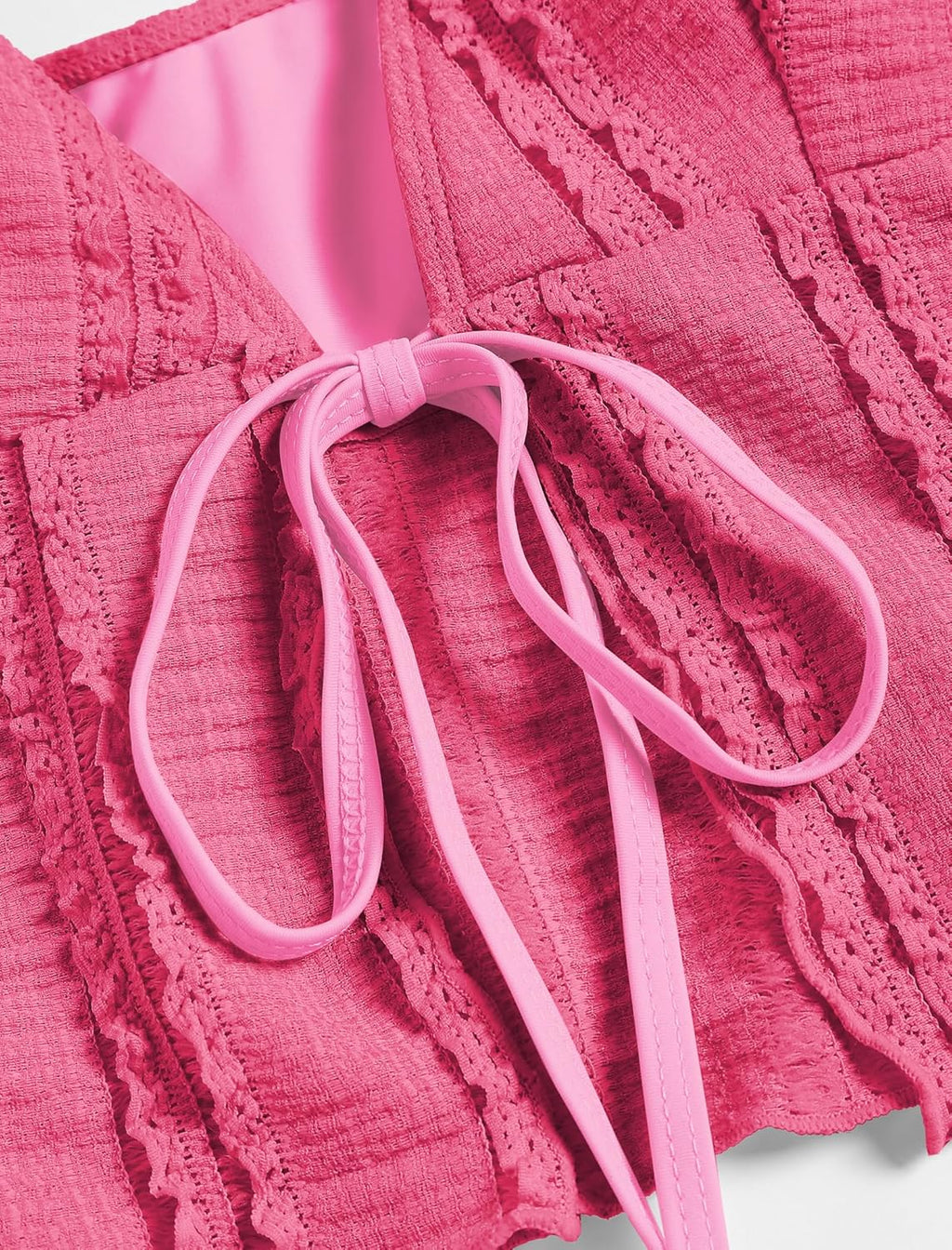 Pink Tankini Swimsuits for Women Smocked Ruffles Tie Front Bowknot Textured High Cut