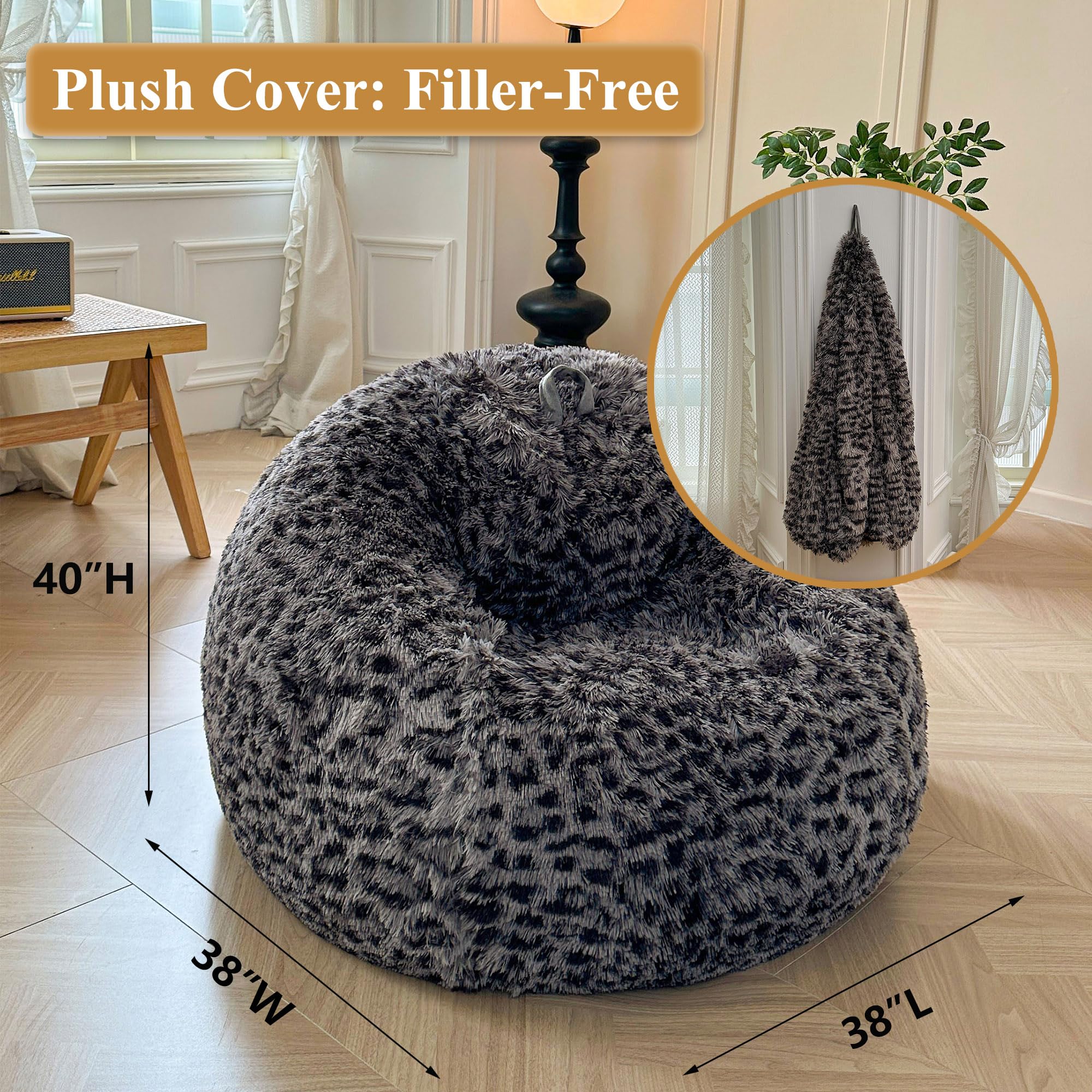 Faux Fur Leopard Print Bean Bag Chair Cover (No Filler), Fluffy Stuffed Animal Storage Cheetah Bean Bag Home Decor, Furry Fuzzy Big Beanbag Cover, Anti-Slip