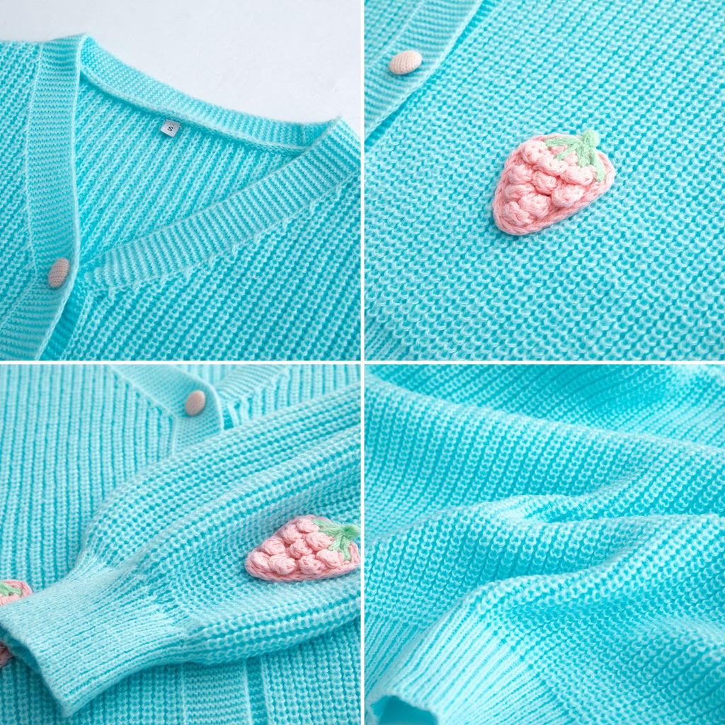Women's Kawaii Strawberry Embroidered Cardigan Long Sleeve V Neck Chunky Knitted Cardigans
