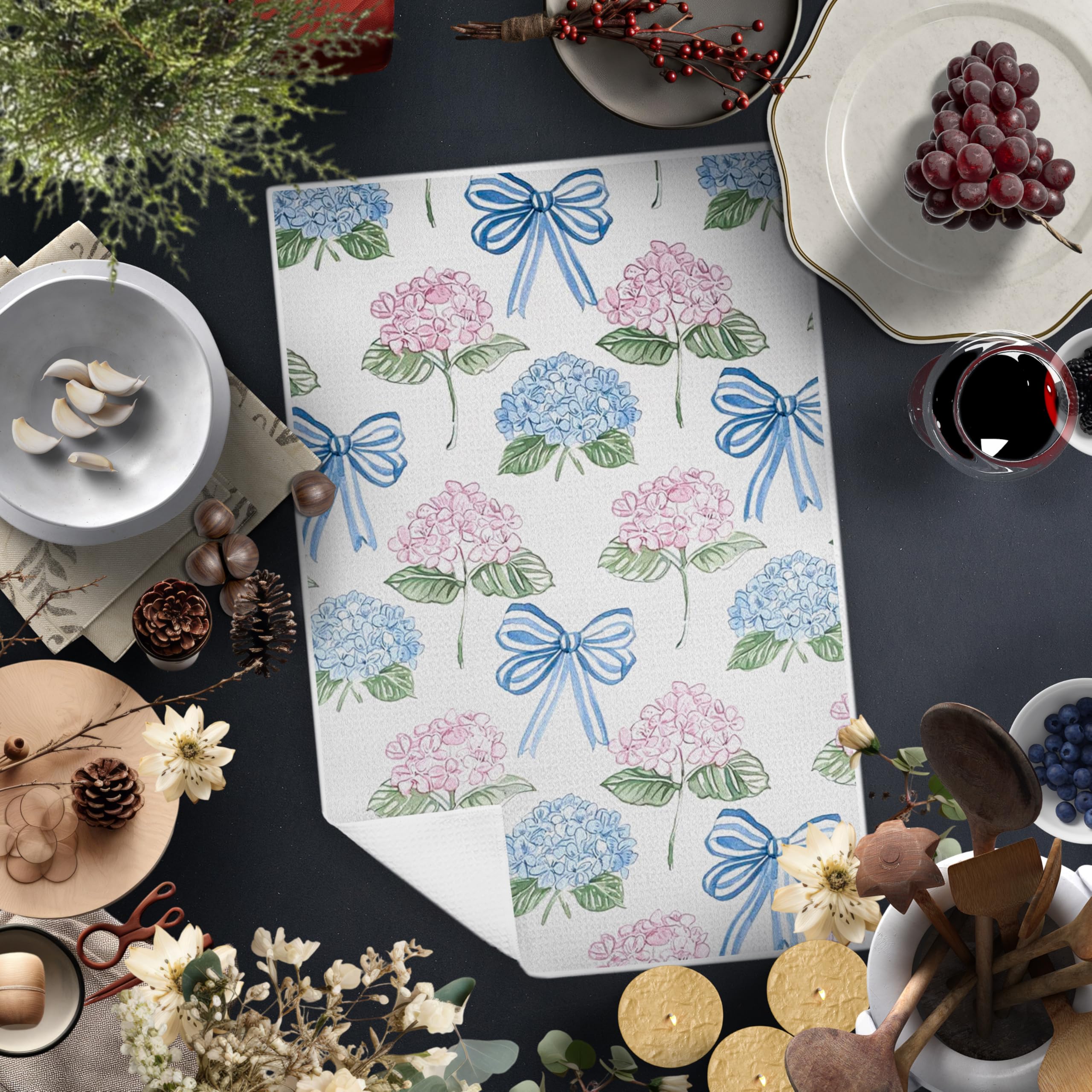 Coquette Bow Floral Kitchen Towels, Preppy Bow Dish Tea Towels for Kitchen Decor, Rustic Cottagecore Botanical Hand Towels for Bathroom Decor, 16x24 Inch