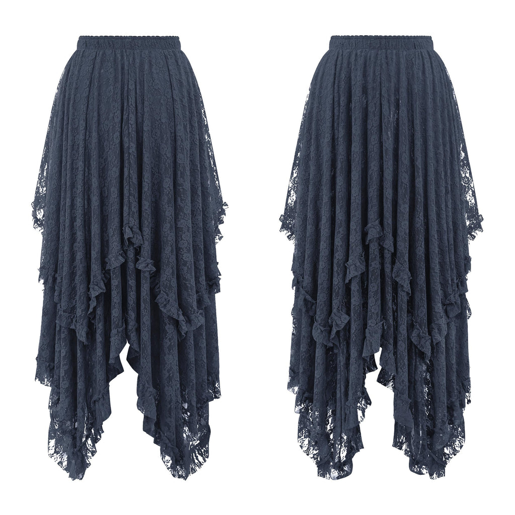 Women Lace Long Skirts Summer Elastic Asymmetrical Layered Hem Sexy See-Through Beach Floral Maxi Skirts