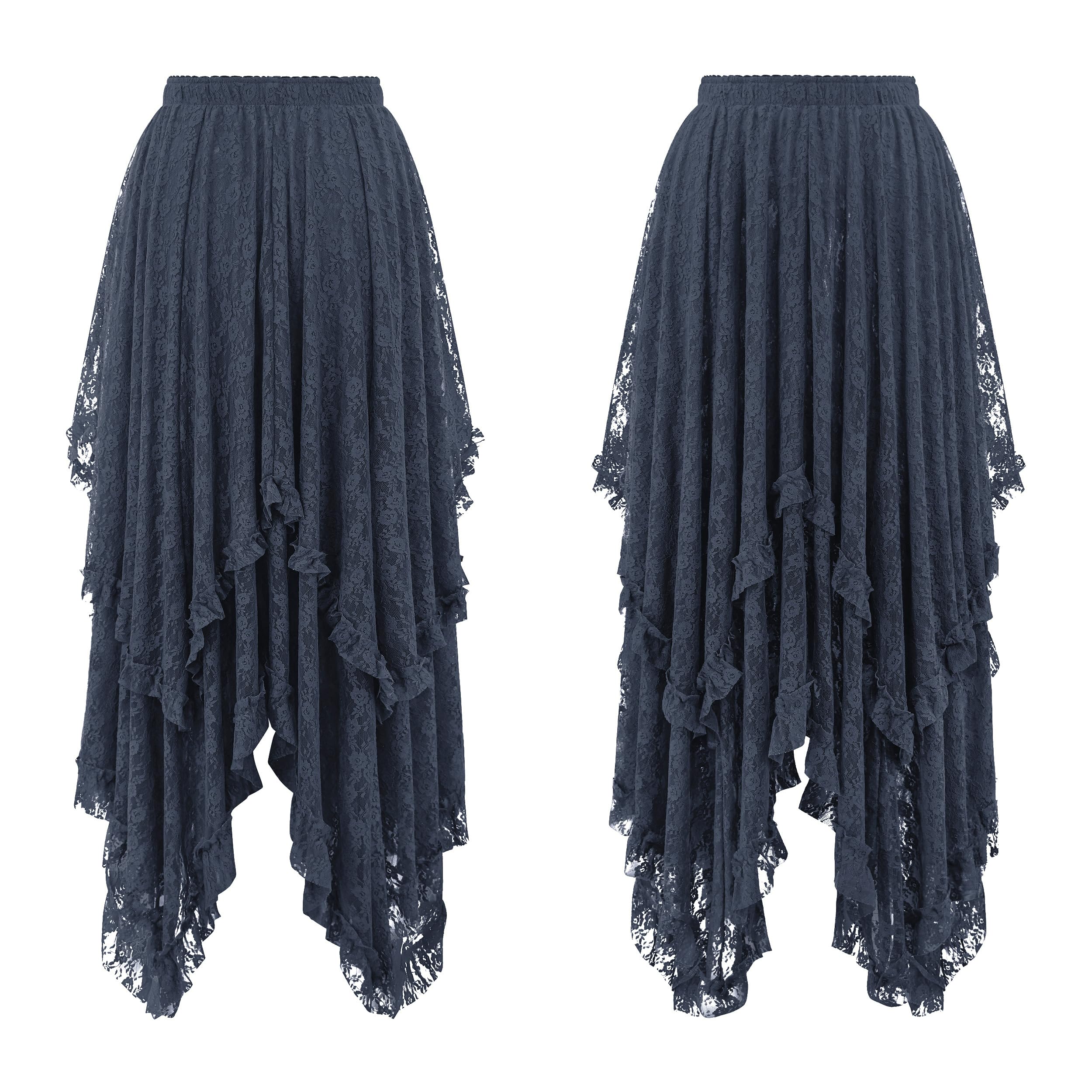 Women Lace Long Skirts Summer Elastic Asymmetrical Layered Hem Sexy See-Through Beach Floral Maxi Skirts