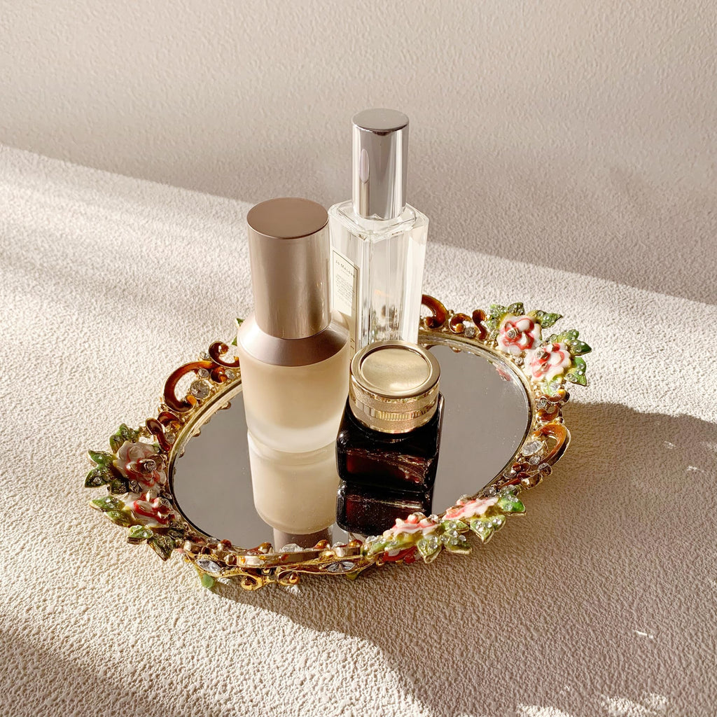 Hand-Painted Gold Floral Mirror Vanity Tray â€?Decorative Metal Jewelry and Makeup Organizer for Dresser or Countertop