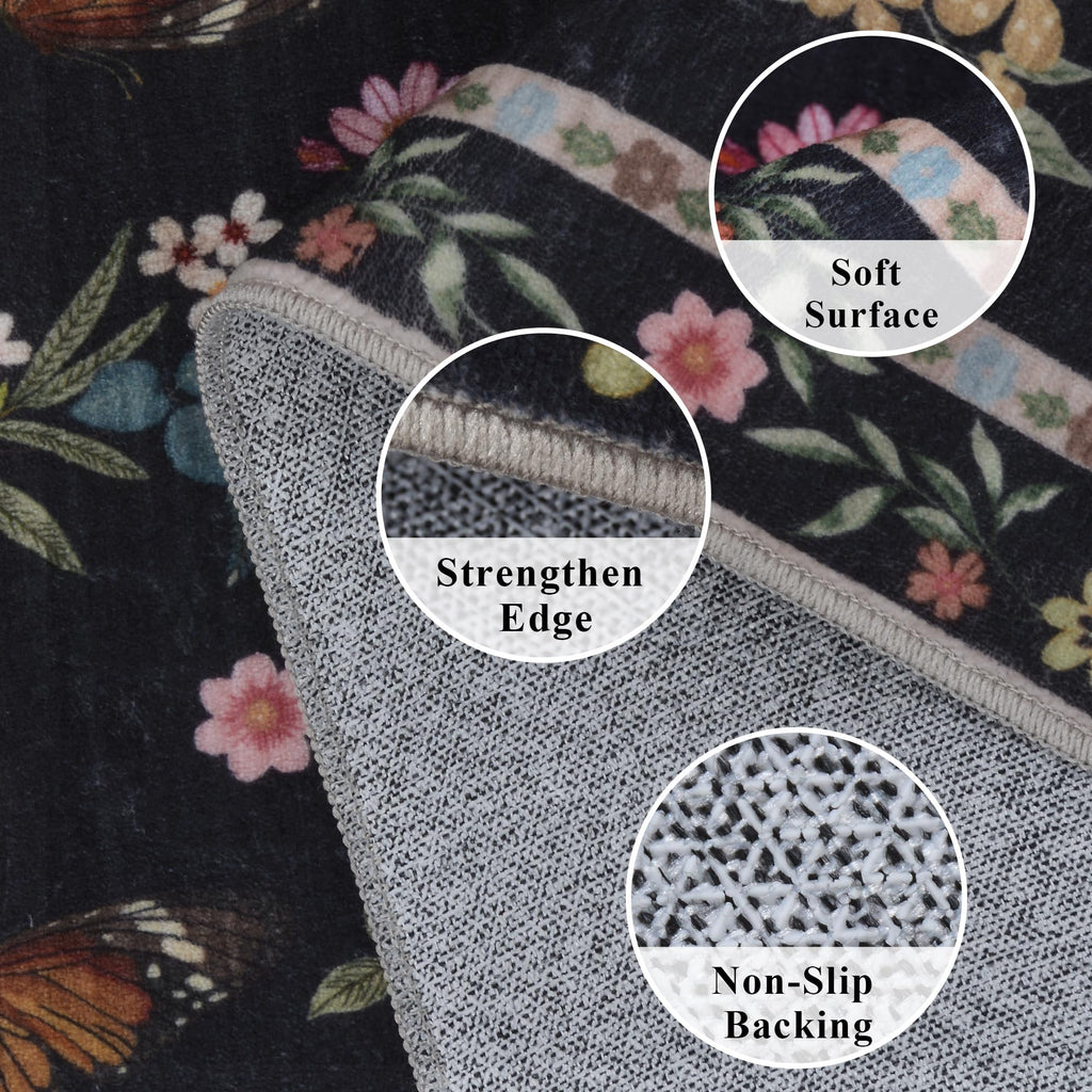 Insect Floral Area Rug, Machine Washable Area Rug Non-Slip Low Pile Large Bedroom Rug Stain Resistant Throw Rug Carpet