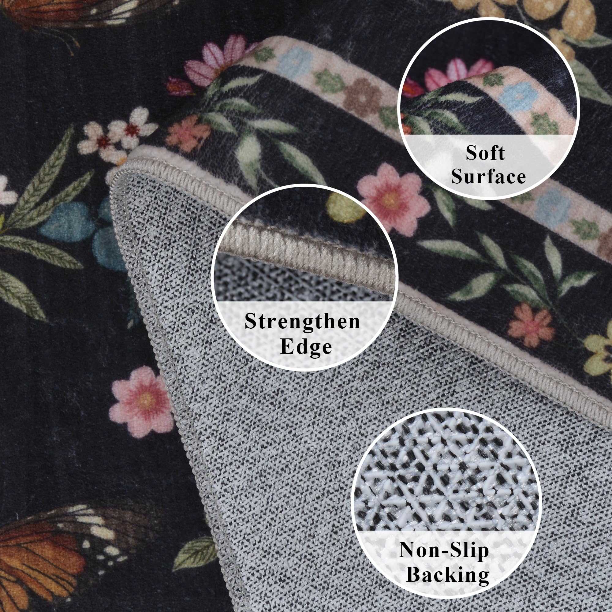 Insect Floral Area Rug, Machine Washable Area Rug Non-Slip Low Pile Large Bedroom Rug Stain Resistant Throw Rug Carpet