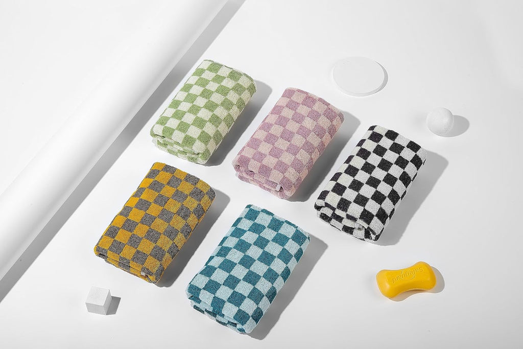 Cotton Face Towels Soft Hand Towels 5 Pack - Absorbent, and Decorative Checkered Design 13 x 29 Inches