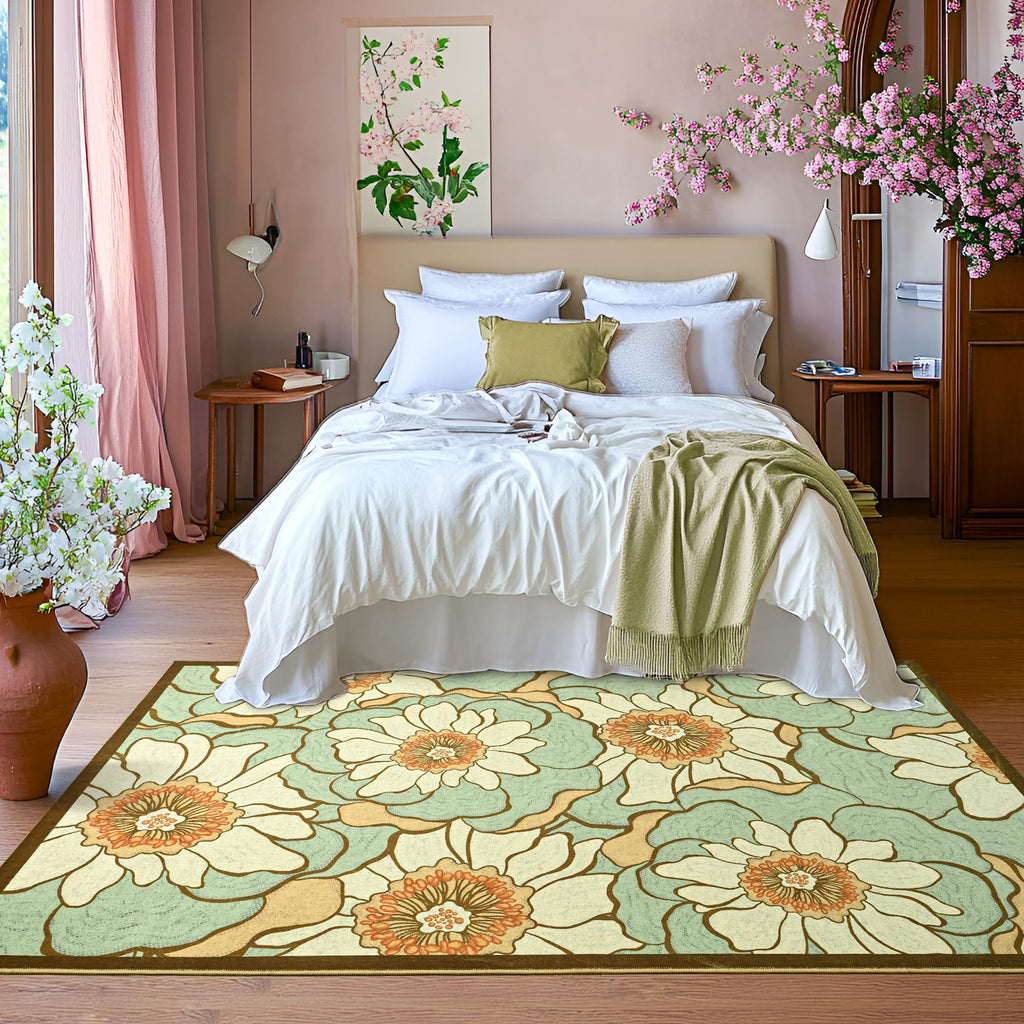Faux Wool Boho Floral Area Rug Abstract Print Soft Carpet, TPR Non-Slip Backing, Machine Washable Low Pile Rug