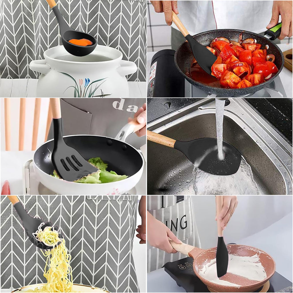 Silicone Cooking Utensils Set with Wooden Handles â€?Food-Grade, BPA-Free & Heat Resistant Kitchen Tools for Nonstick Cookware, Includes Holder & Hooks 33-Piece