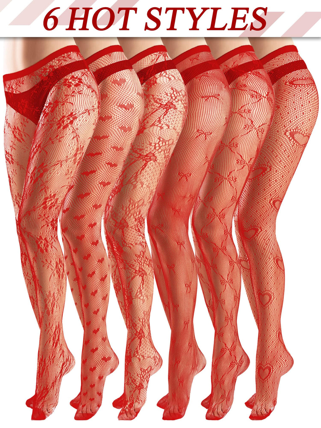 Coquettish 6 Pairs Women Fishnet Thigh High Stockings Waist Tights Bow Patterned lace Fishnet Leggings Pantyhose