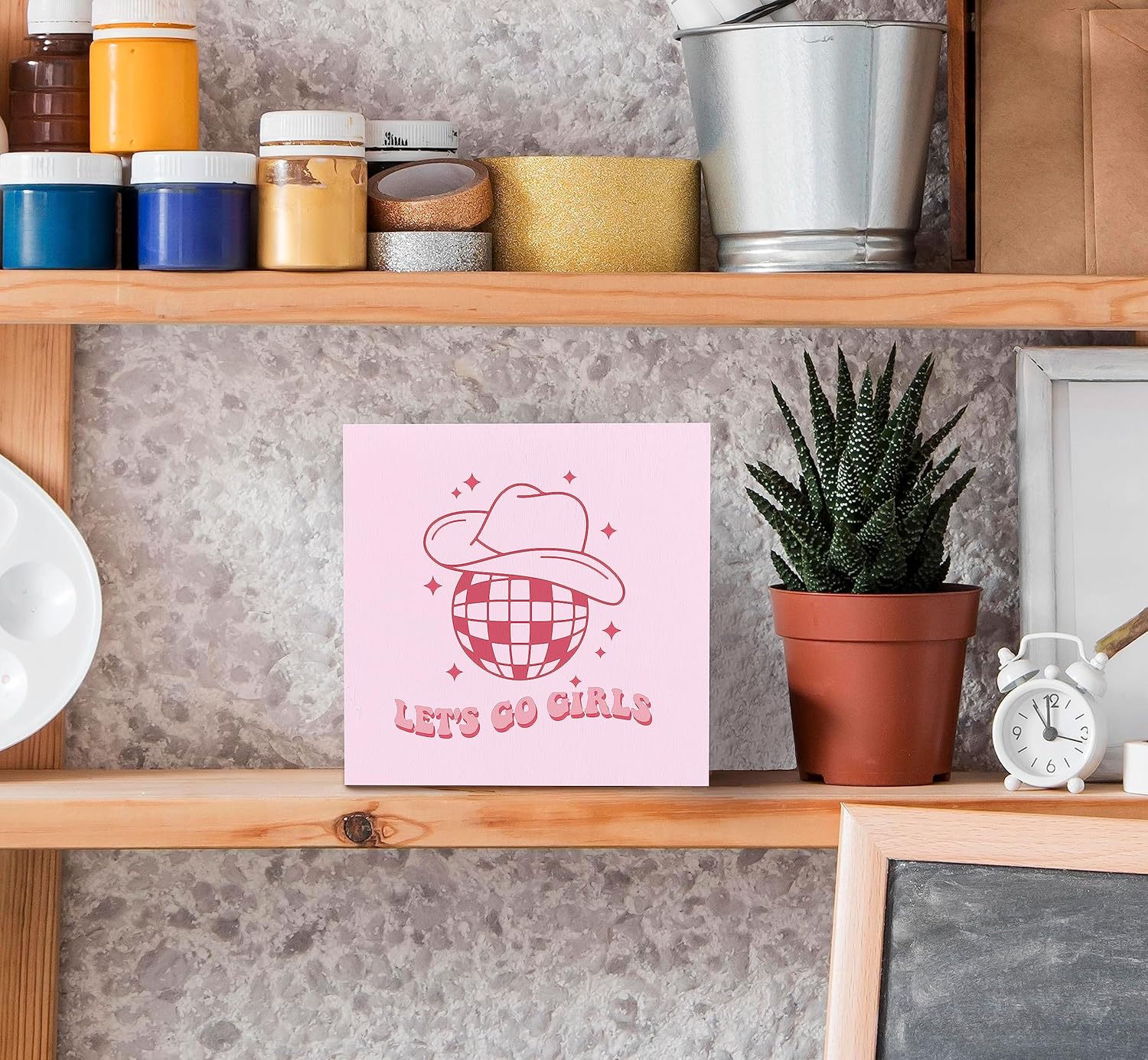 Let's Go Girls Preppy Cowgirl Hat Disco Ball Wood Box Sign Desk Decor