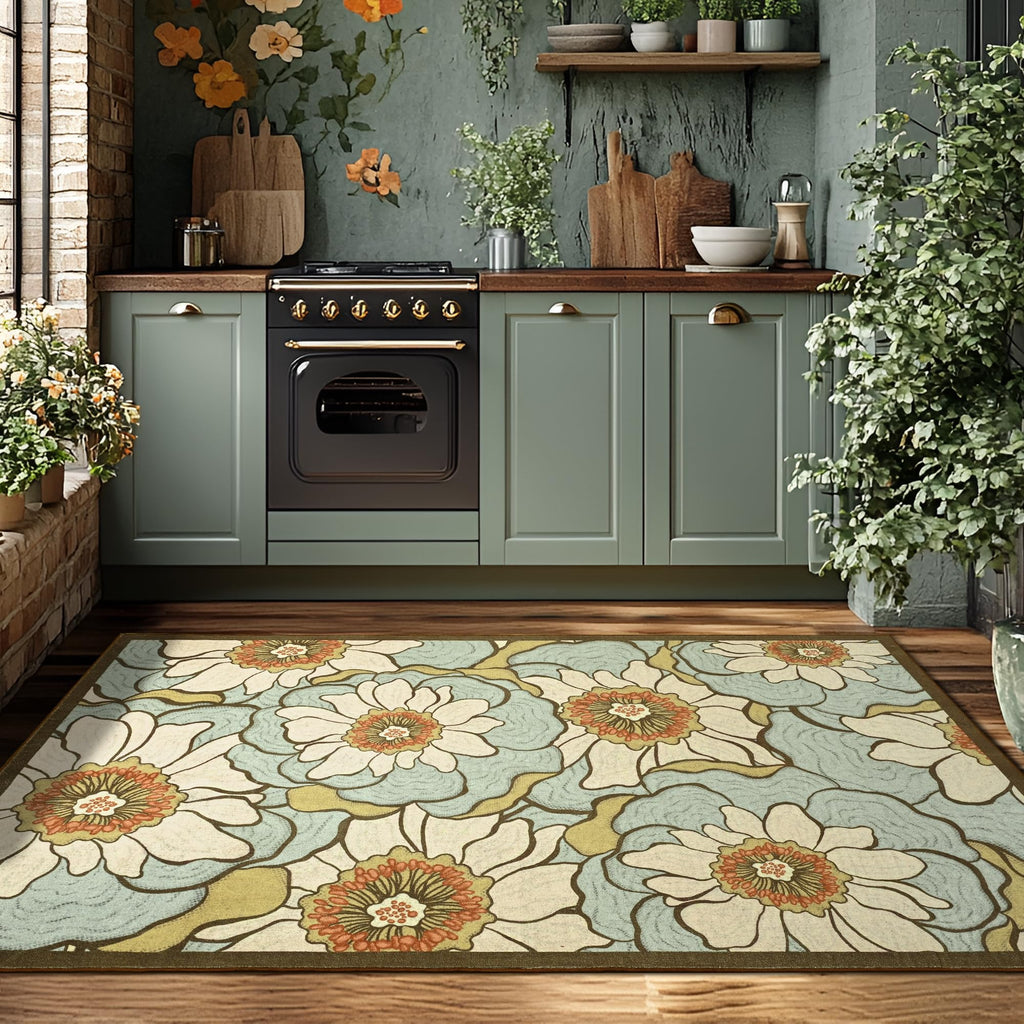 Faux Wool Boho Floral Area Rug Abstract Print Soft Carpet, TPR Non-Slip Backing, Machine Washable Low Pile Rug