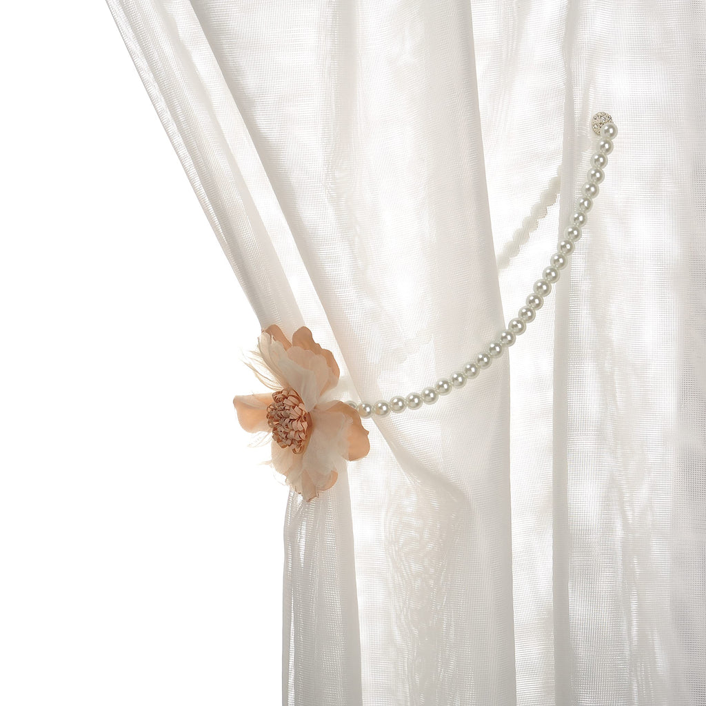 Elegant Pearl Magnetic Curtain Tieback with Handmade Flower Decorative Drapery Holdbacks Rope Holder