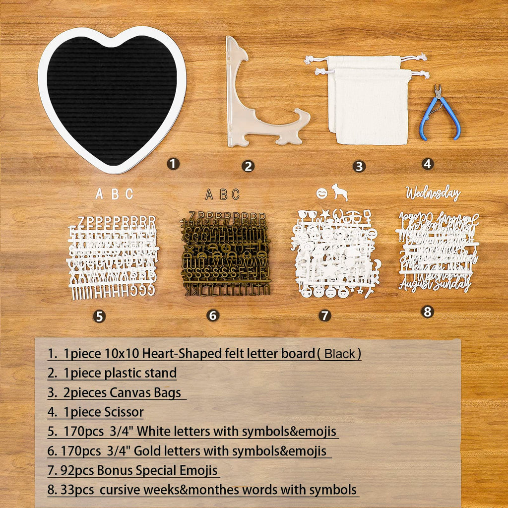 Heart-Shaped Felt Letter Board Message Sign, 10x10 inches Message Board with 465 Changeable Letters, Numbers and Cursive Words