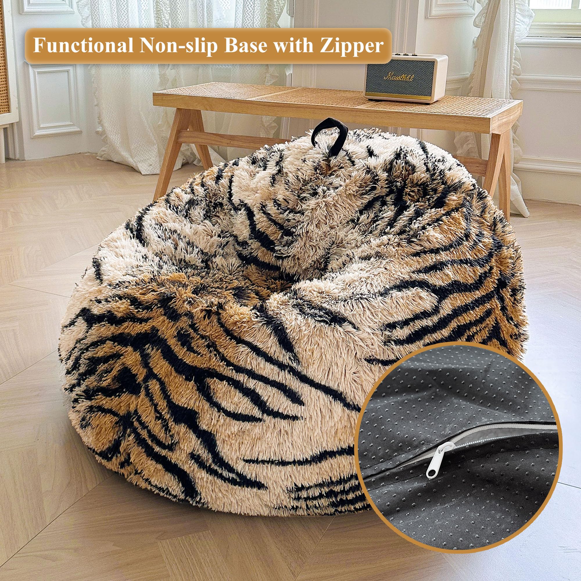 Faux Fur Leopard Print Bean Bag Chair Cover (No Filler), Fluffy Stuffed Animal Storage Cheetah Bean Bag Home Decor, Furry Fuzzy Big Beanbag Cover, Anti-Slip