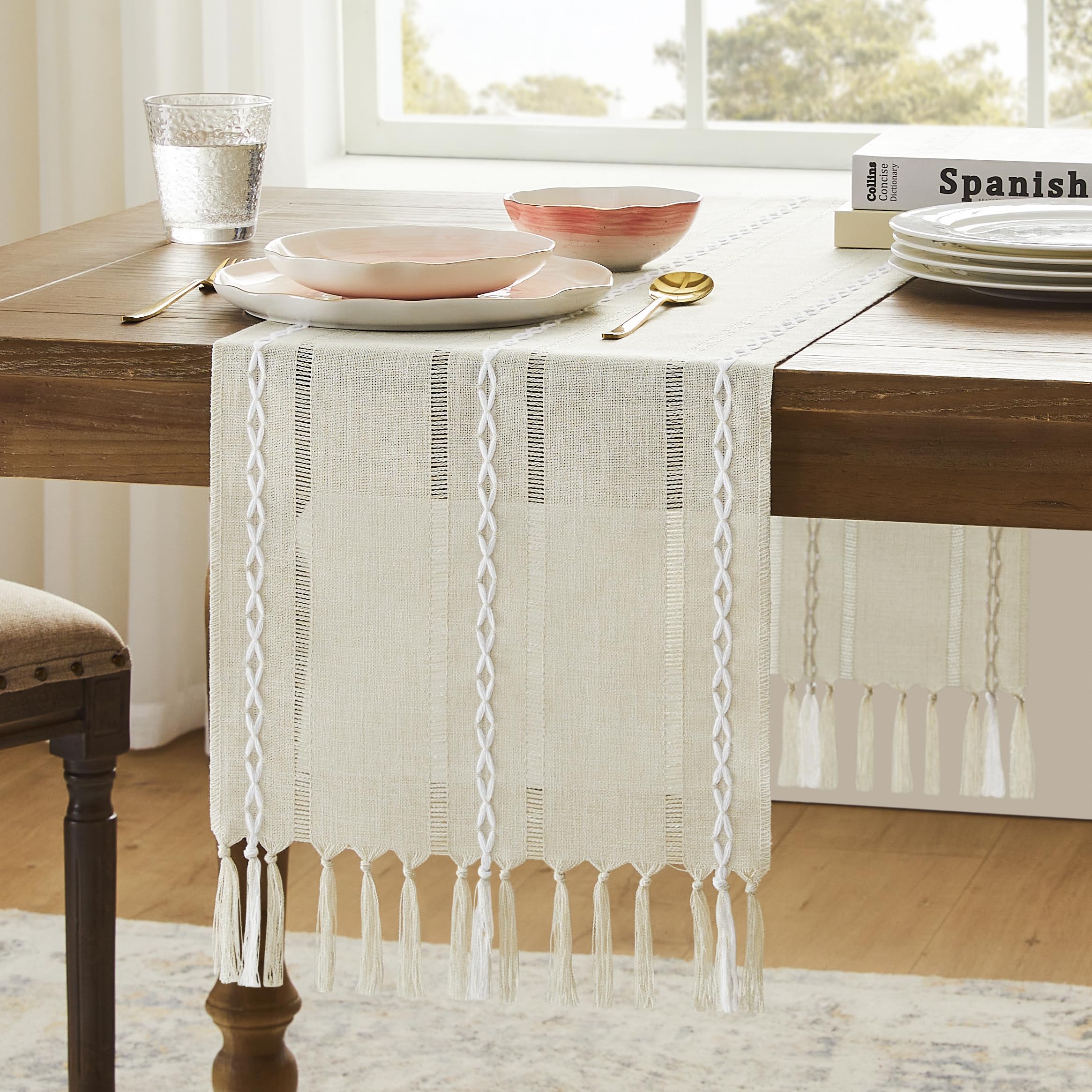 Cotton Linen Table Runners Long, Embroidered Striped Pink Boho Table Runner Rustic Home Decor