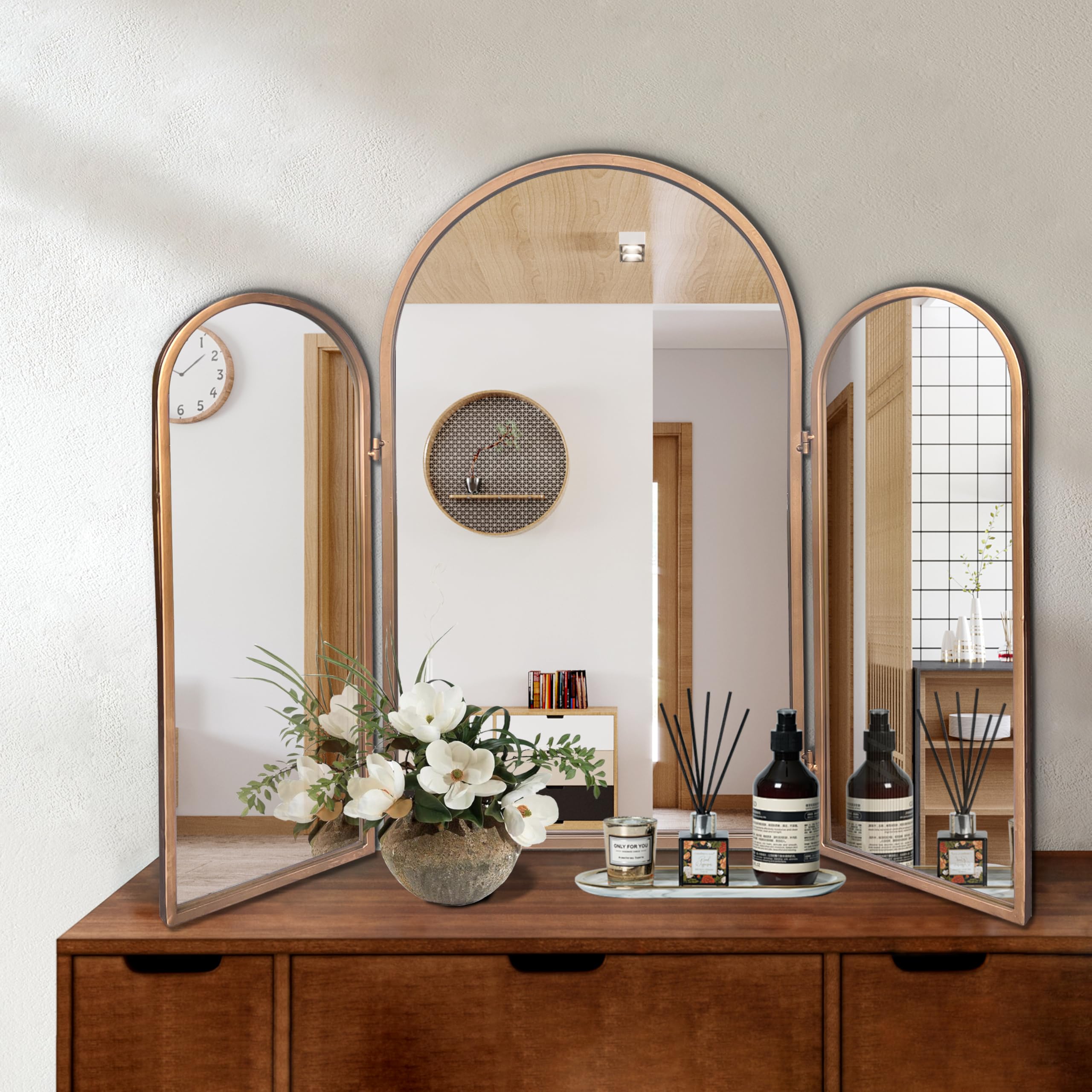 Trifold Vanity Mirrors 3 Way, 30 x 37in Adjustable Vanity Mirrors for Bathroom, Bedroom, Champaign Golden Arch Mirrors Wall Mounted Decoration, 360° Way