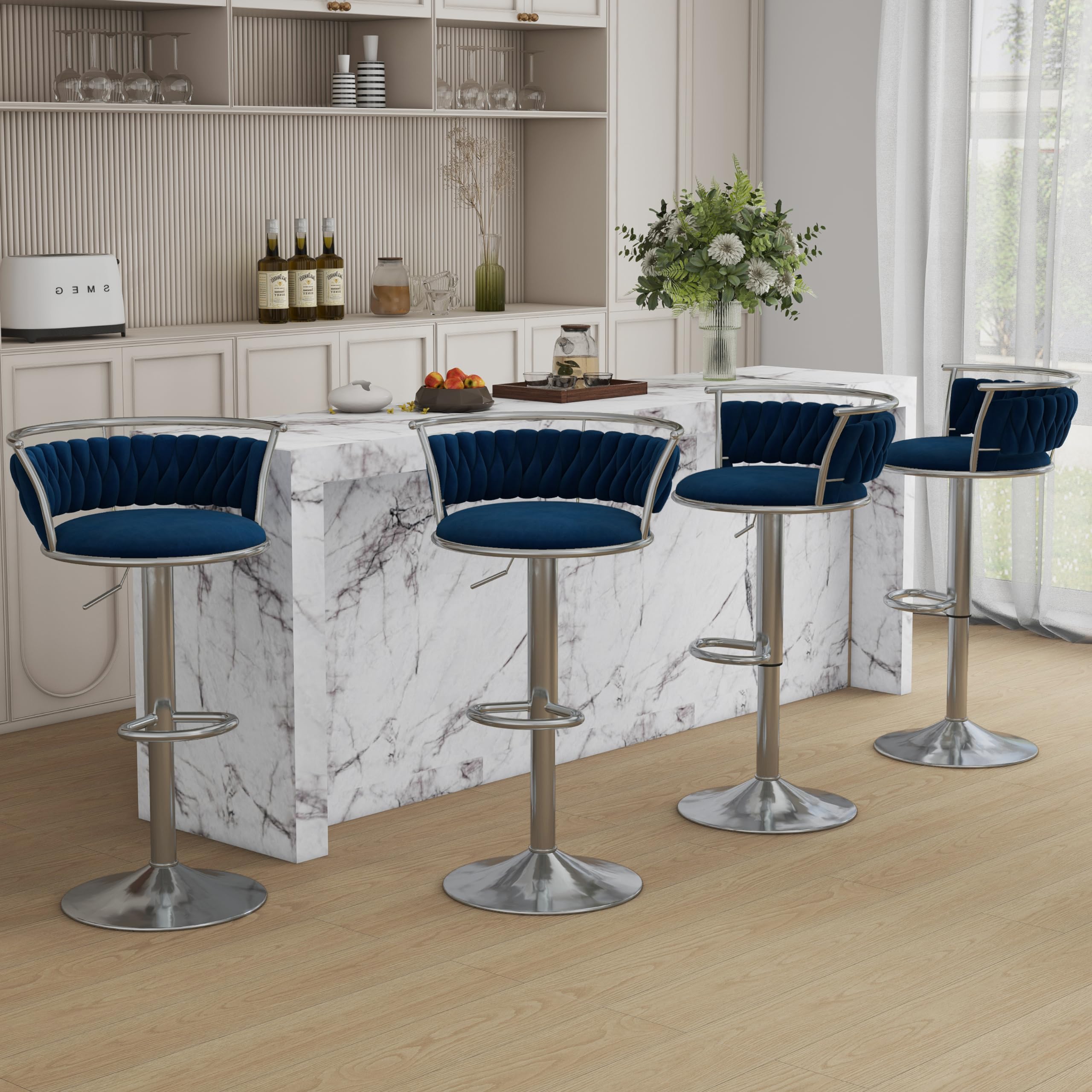 Velvet Swivel Bar Stools, Adjustable Counter Height Bar Chairs with Low Back & Footrest, Modern Gold Bar Stools for Kitchen Island, Bar Pub