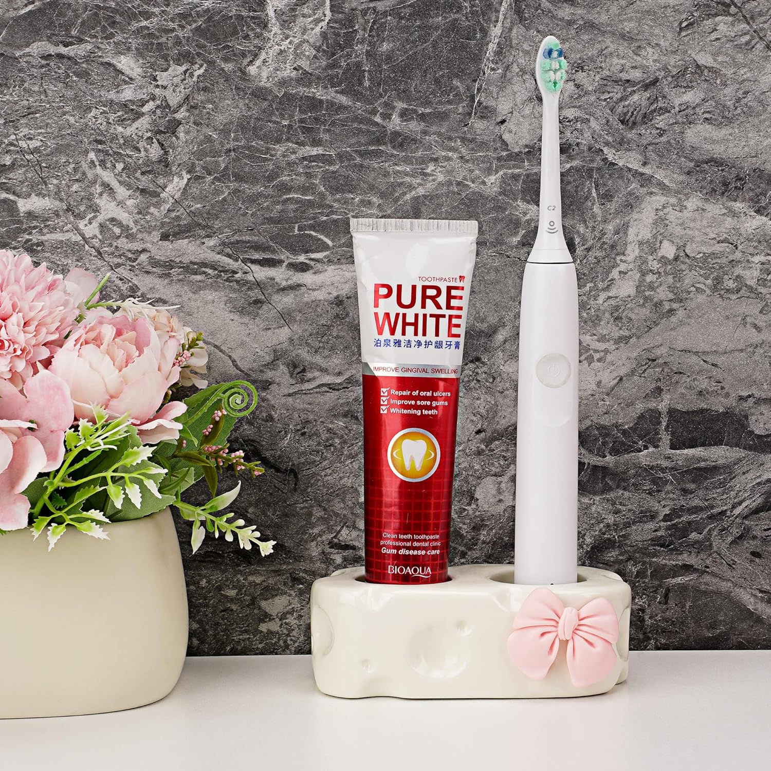 Cute Toothpaste Holder, Ceramic Bow Toothbrush Holder, Bathroom Countertop Accessories, for Bathroom Canister Storage Organization, Vanity Makeup Organizer