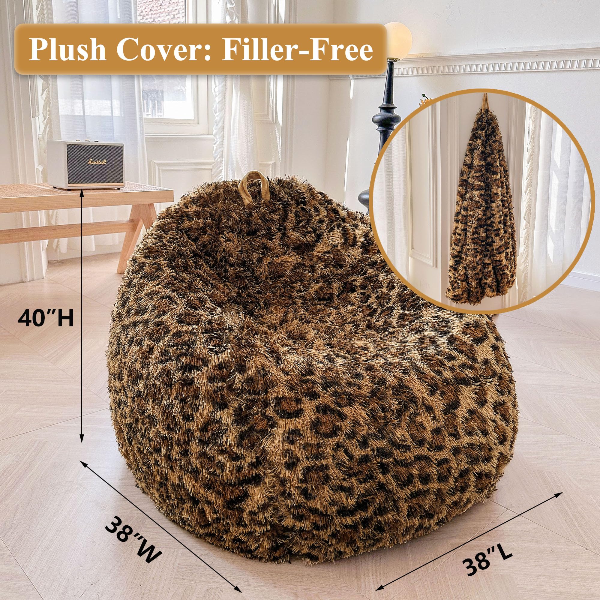 Faux Fur Leopard Print Bean Bag Chair Cover (No Filler), Fluffy Stuffed Animal Storage Cheetah Bean Bag Home Decor, Furry Fuzzy Big Beanbag Cover, Anti-Slip